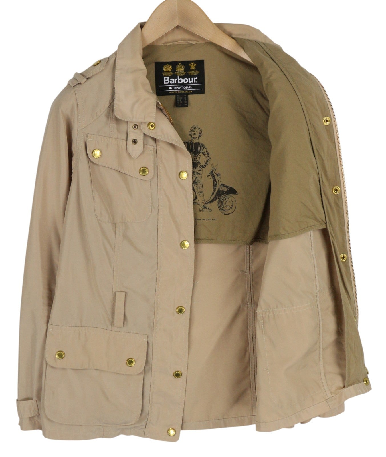 BARBOUR Bintl Broton laisvalaikio moteriška striukė su diržu, 36 dydžio, ruda, su pilnu užtrauktuku, lengva 