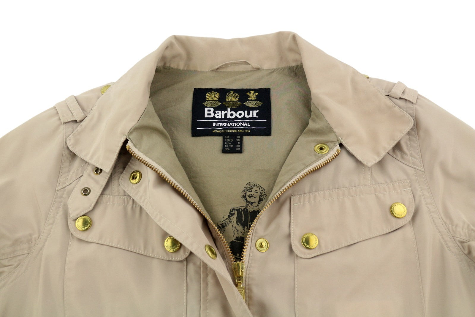 BARBOUR Bintl Broton laisvalaikio moteriška striukė su diržu, 36 dydžio, ruda, su pilnu užtrauktuku, lengva 