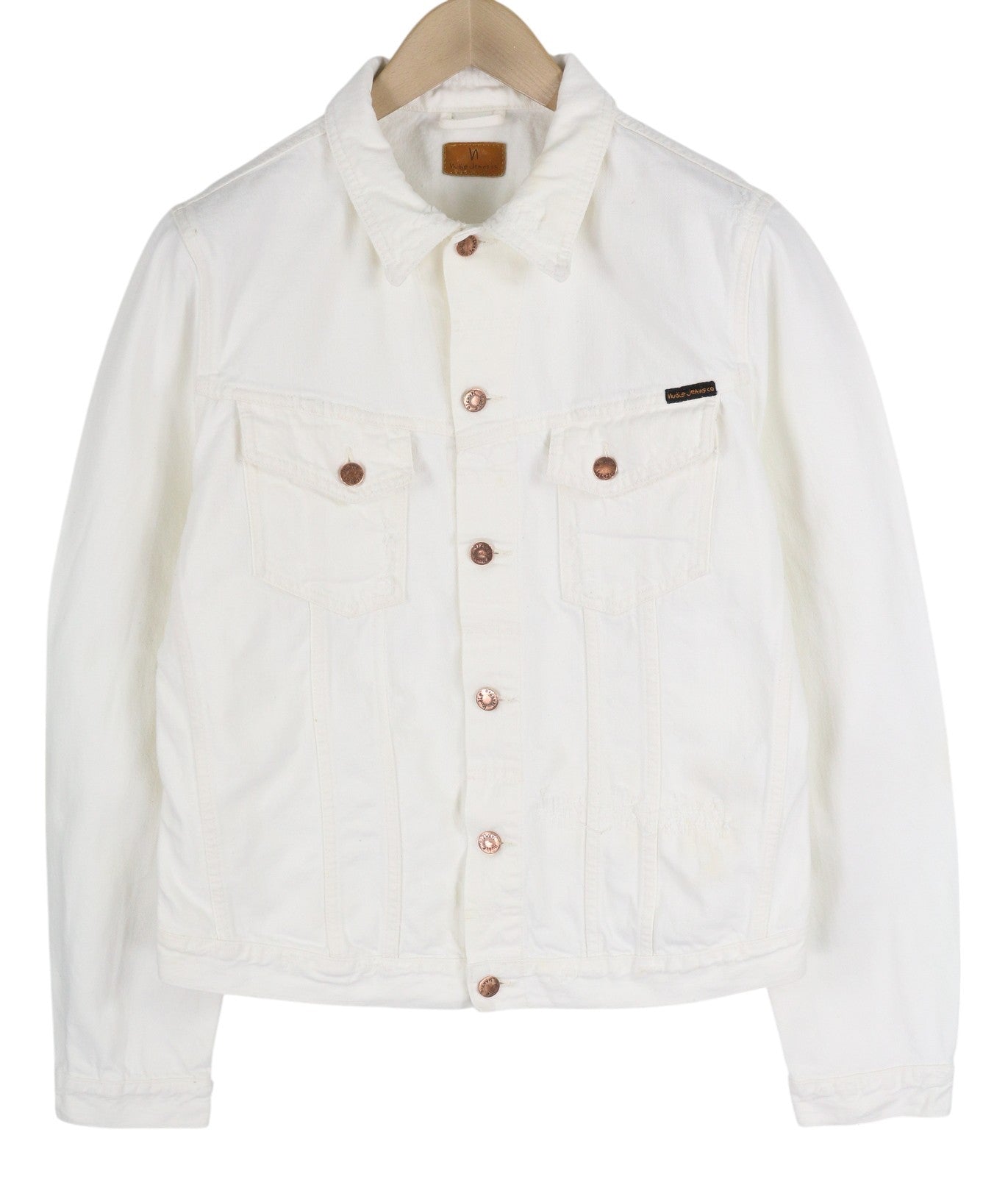 NUDIE JEANS Billy vyriška striukė L, balta, dėvėtas džinsas su sagomis ant kaklo, logotipas 