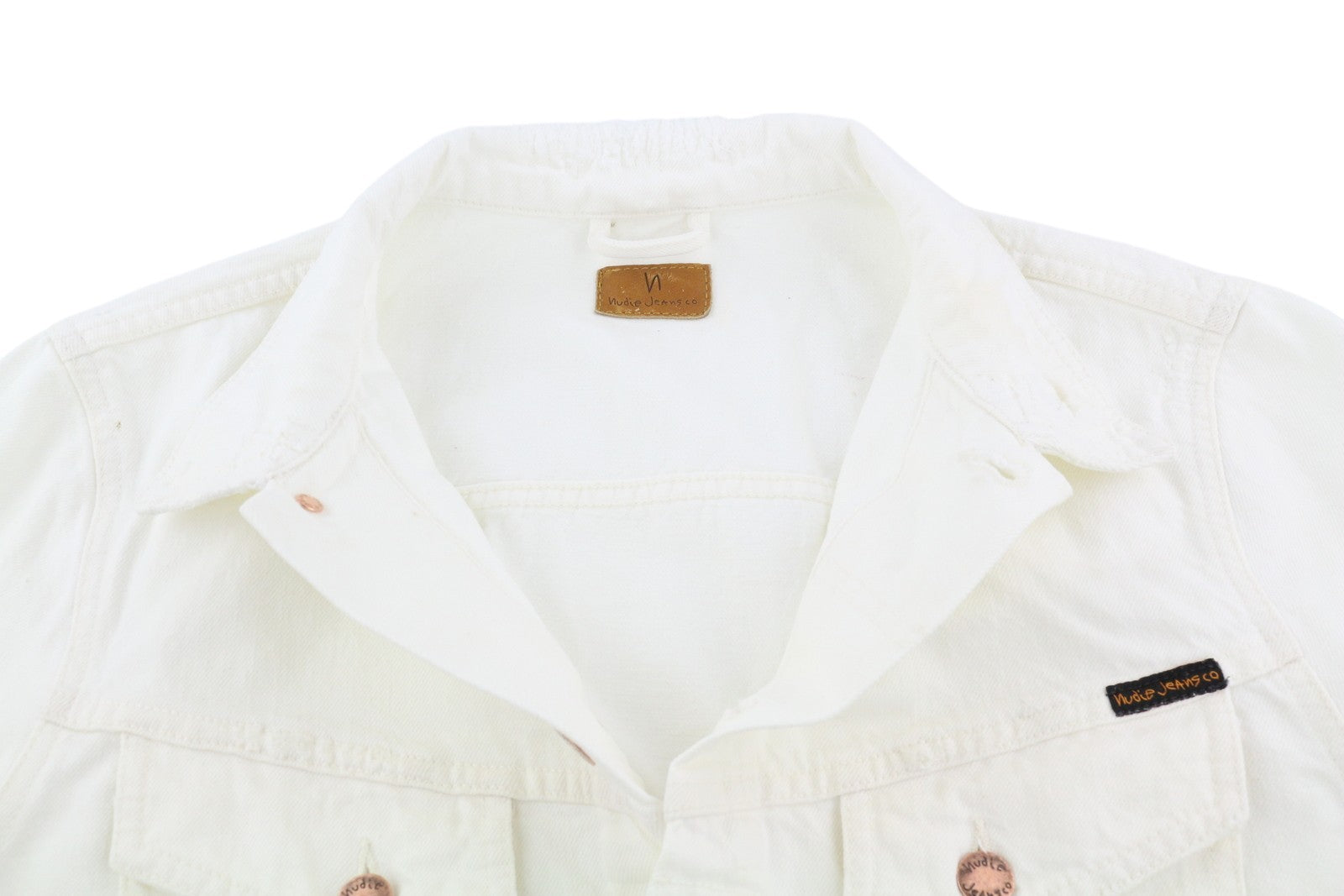 NUDIE JEANS Billy vyriška striukė L, balta, dėvėtas džinsas su sagomis ant kaklo, logotipas 
