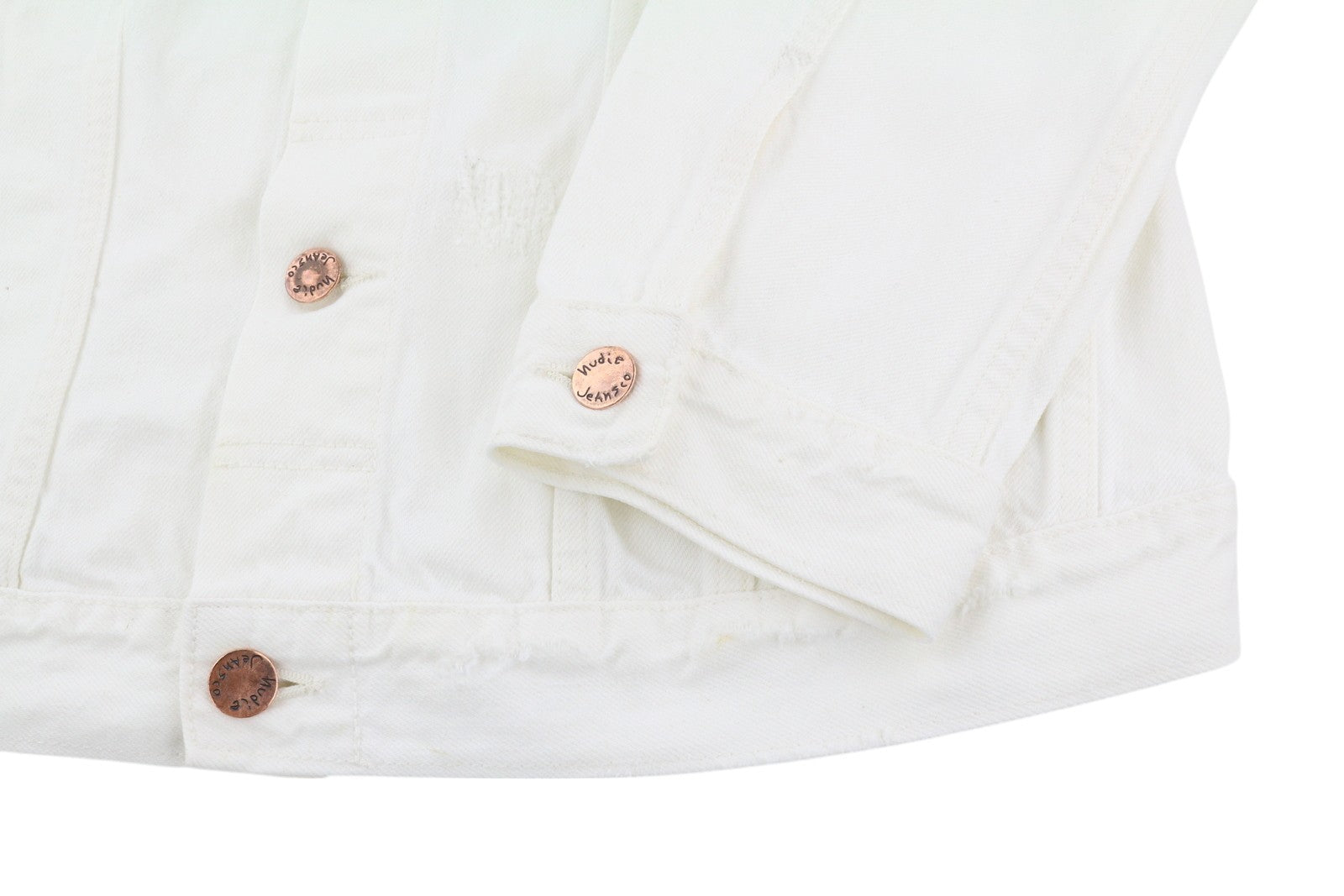 NUDIE JEANS Billy vyriška striukė L, balta, dėvėtas džinsas su sagomis ant kaklo, logotipas 