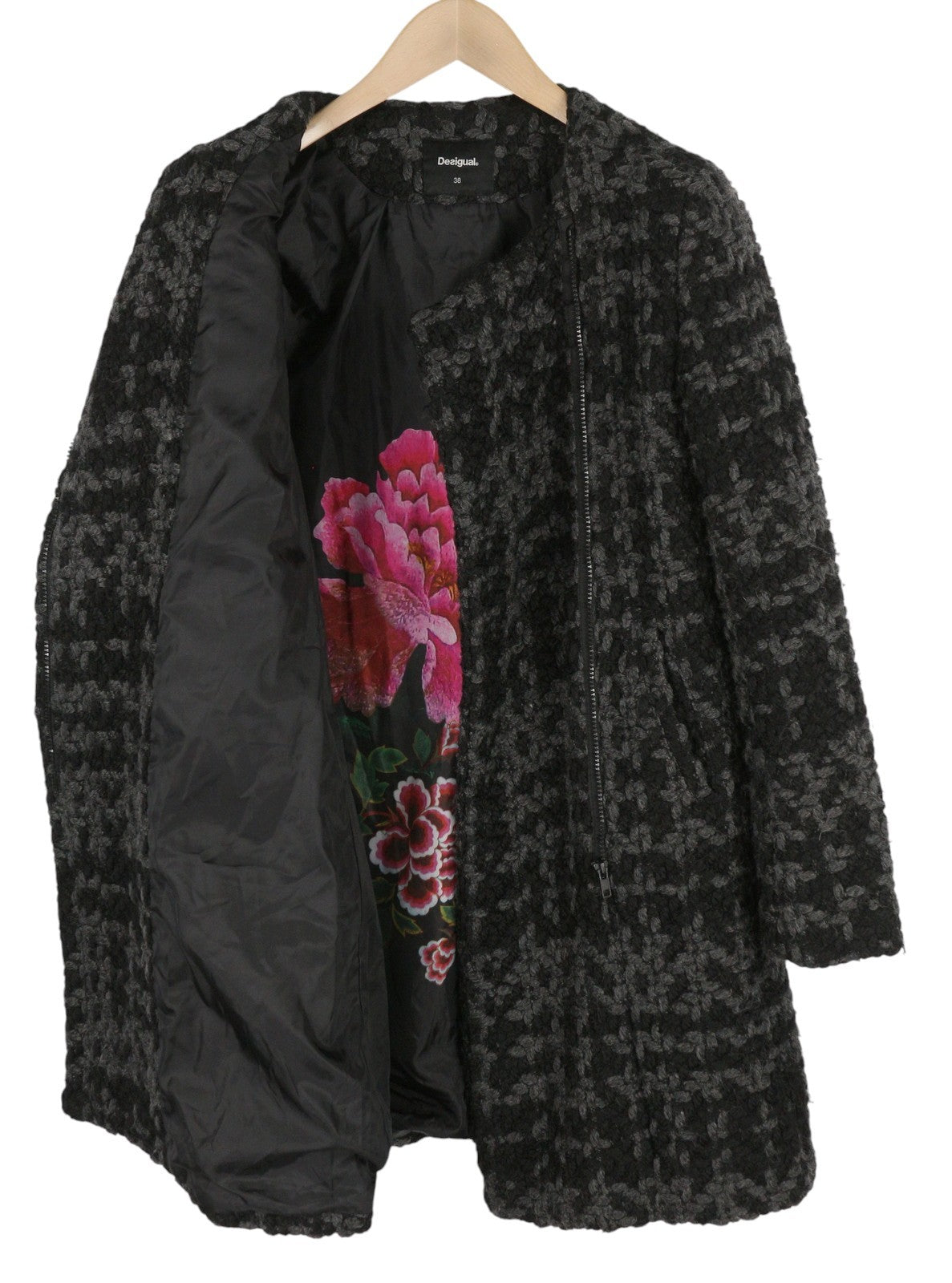 DESIGUAL moteriškas paltas su užtrauktuku, vilnos mišinio apvalia kaklo iškirpte, vidutinio ilgio, EU38 