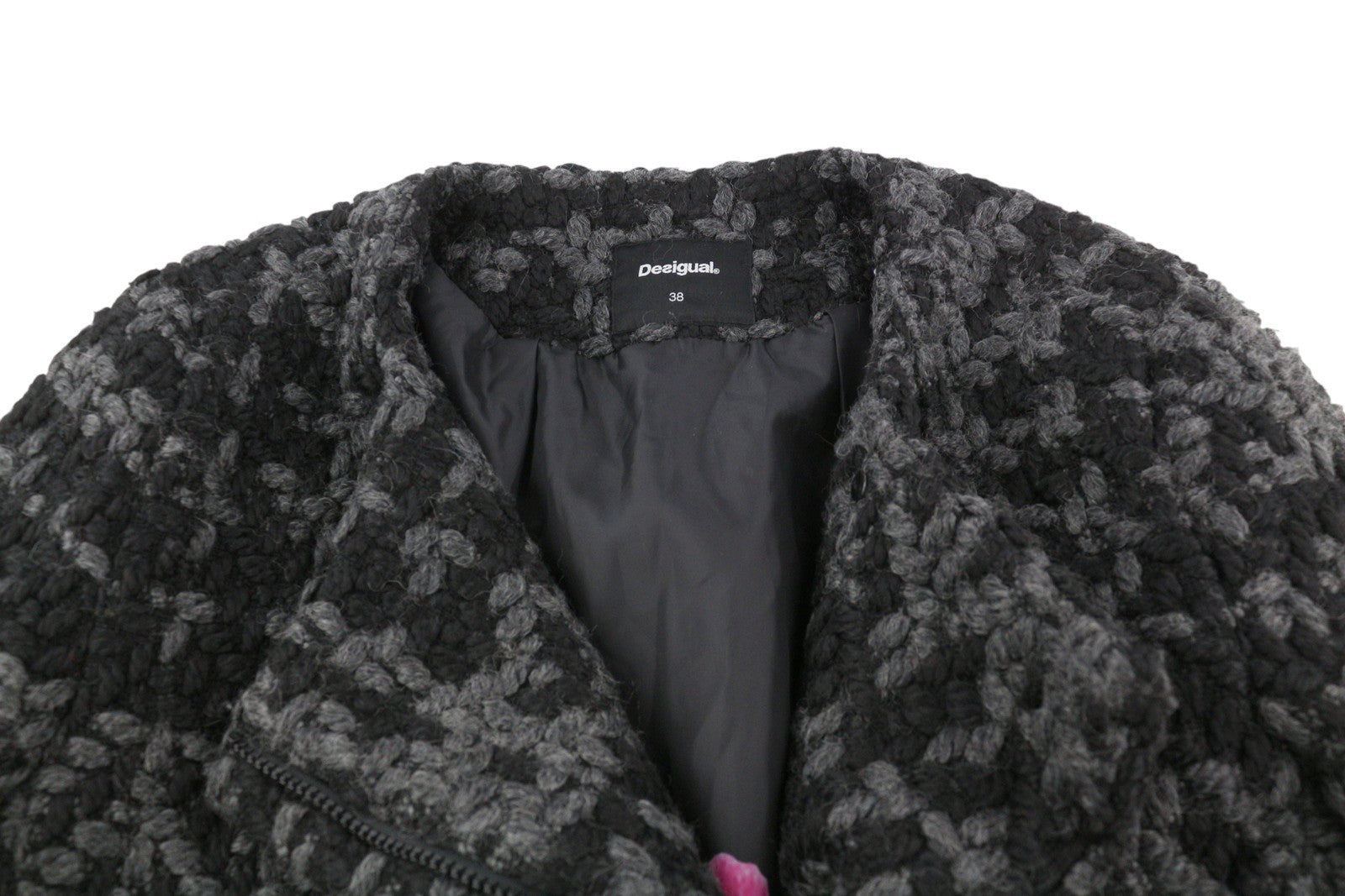 DESIGUAL moteriškas paltas su užtrauktuku, vilnos mišinio apvalia kaklo iškirpte, vidutinio ilgio, EU38 