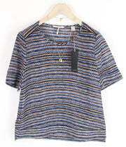 MAISON SCOTCH Womens T-Shirt M Blue Brown Patterned Short Sleeved Round Neck