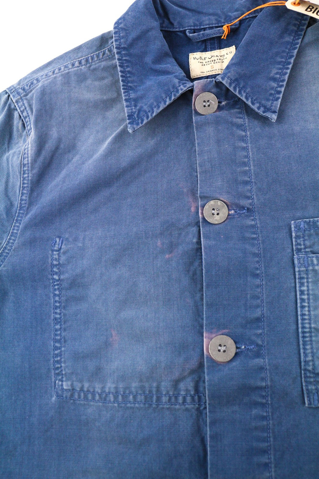 NUDIE Paul Mens Jacket S Worker Oden Blue Washed Buttoned Neck Unlined