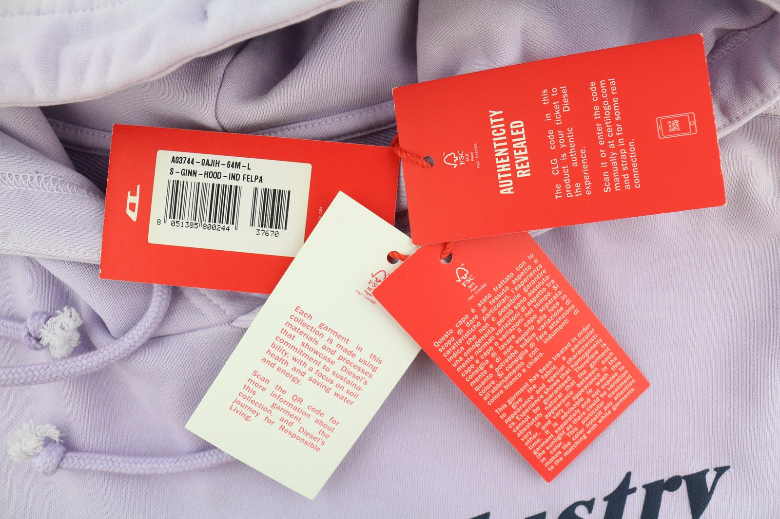 DIESEL S-Ginn-Hood-Ind vyriškas džemperis su gobtuvu, L dydžio, šviesiai violetinis, megztinis su kengūra, rekomenduojama kaina – 175 € 