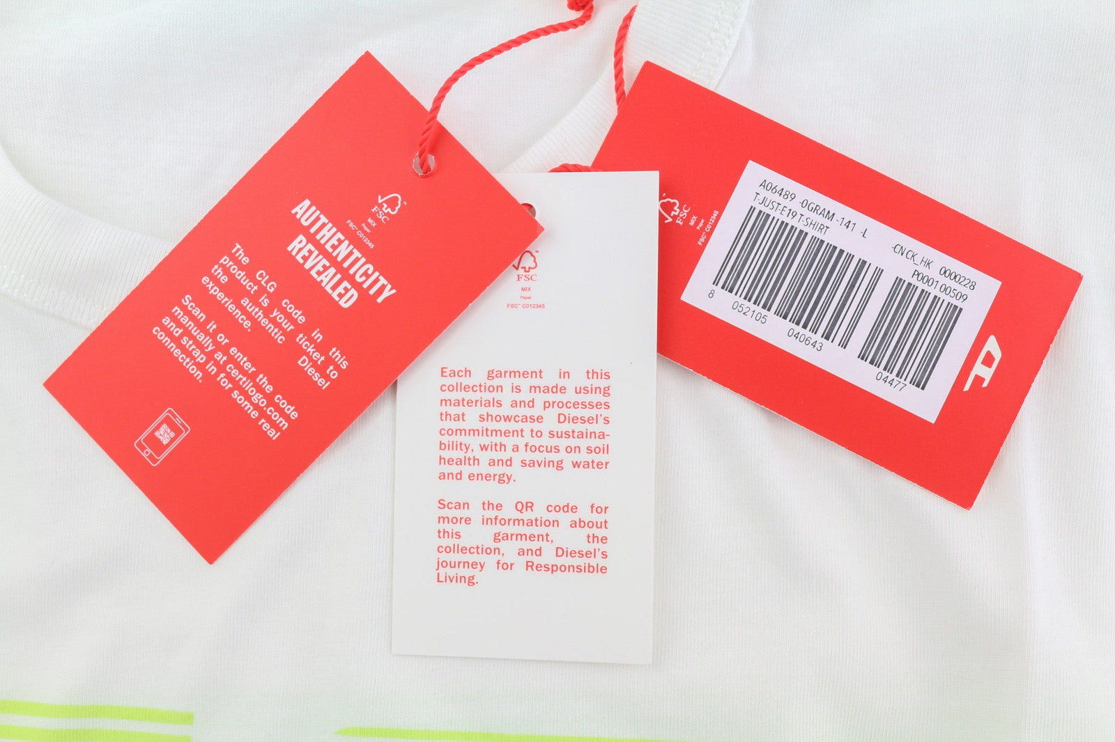 DIESEL T-Just-E19 vyriški marškinėliai su trumpomis rankovėmis, L dydžio, apvalia apykakle, priekyje, balti.