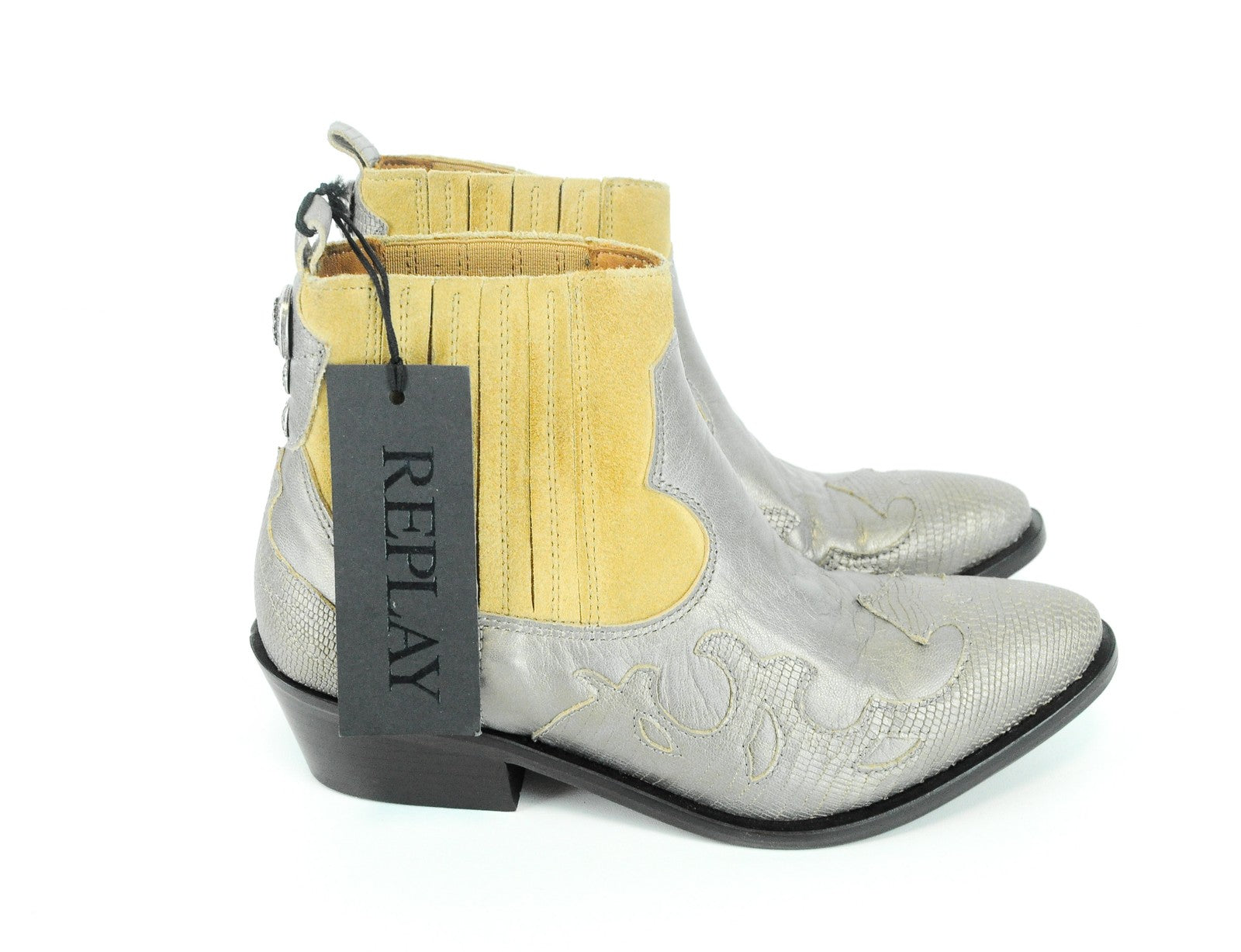 REPLAY moteriški kaubojiški aulinukai, 36 dydžio, rudi, sidabriniai, zomšos rašto, odiniai, iki kulkšnies. 