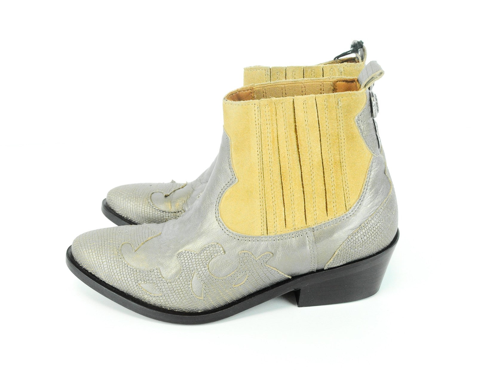 REPLAY moteriški kaubojiški aulinukai, 36 dydžio, rudi, sidabriniai, zomšos rašto, odiniai, iki kulkšnies. 