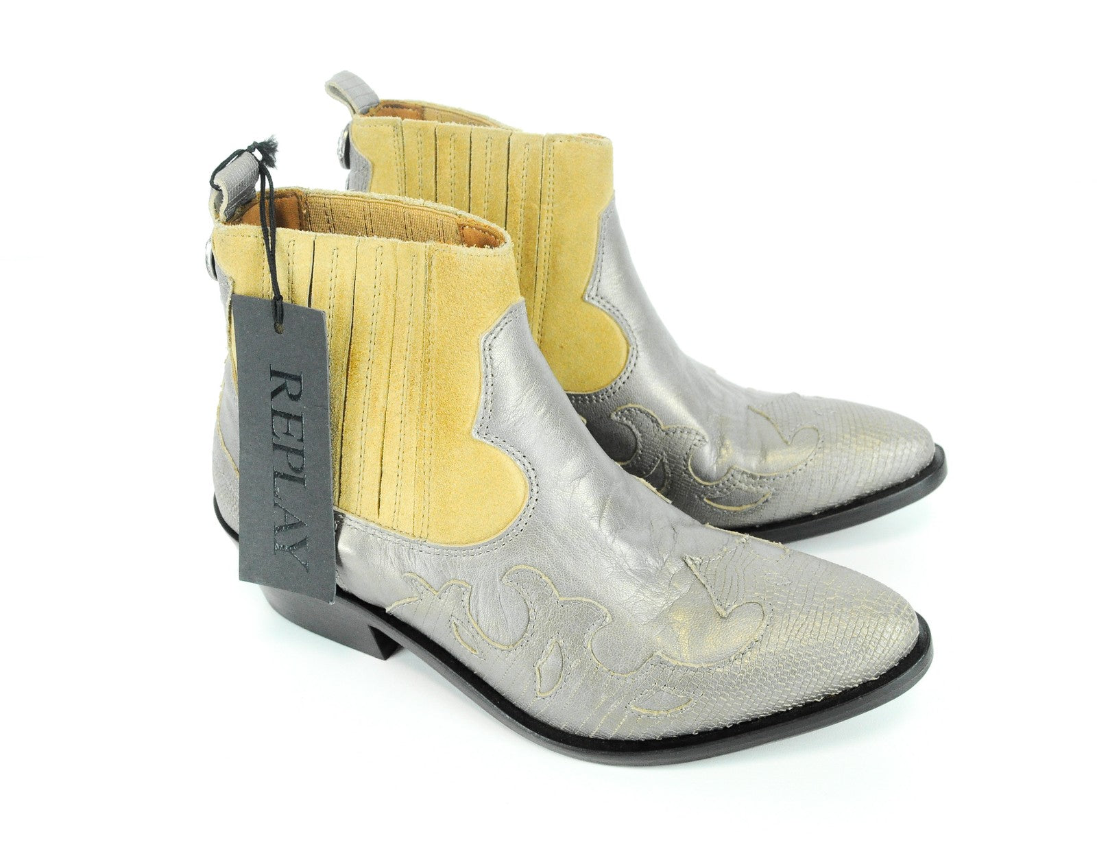 REPLAY moteriški kaubojiški aulinukai, 36 dydžio, rudi, sidabriniai, zomšos rašto, odiniai, iki kulkšnies. 