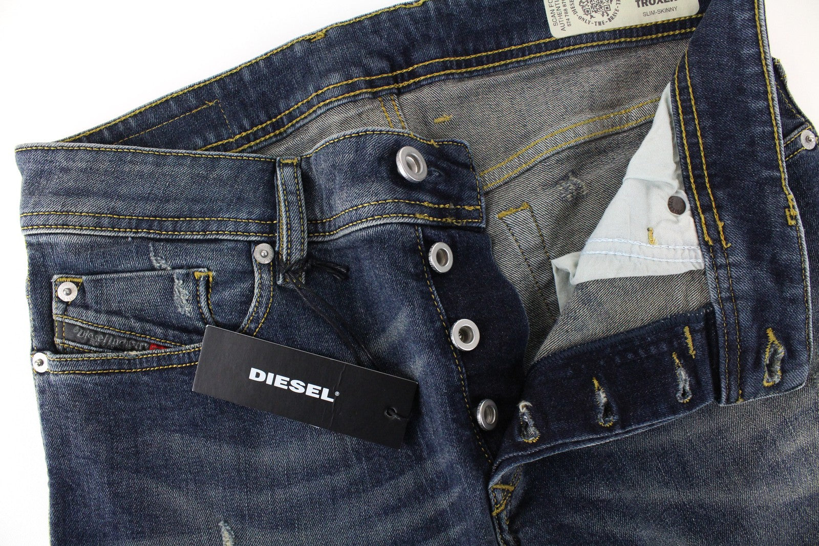 DIESEL Troxer R9CG6 vyriški džinsai W28/L34 tamsiai mėlyni, aptempti, ploni, medvilniniai 