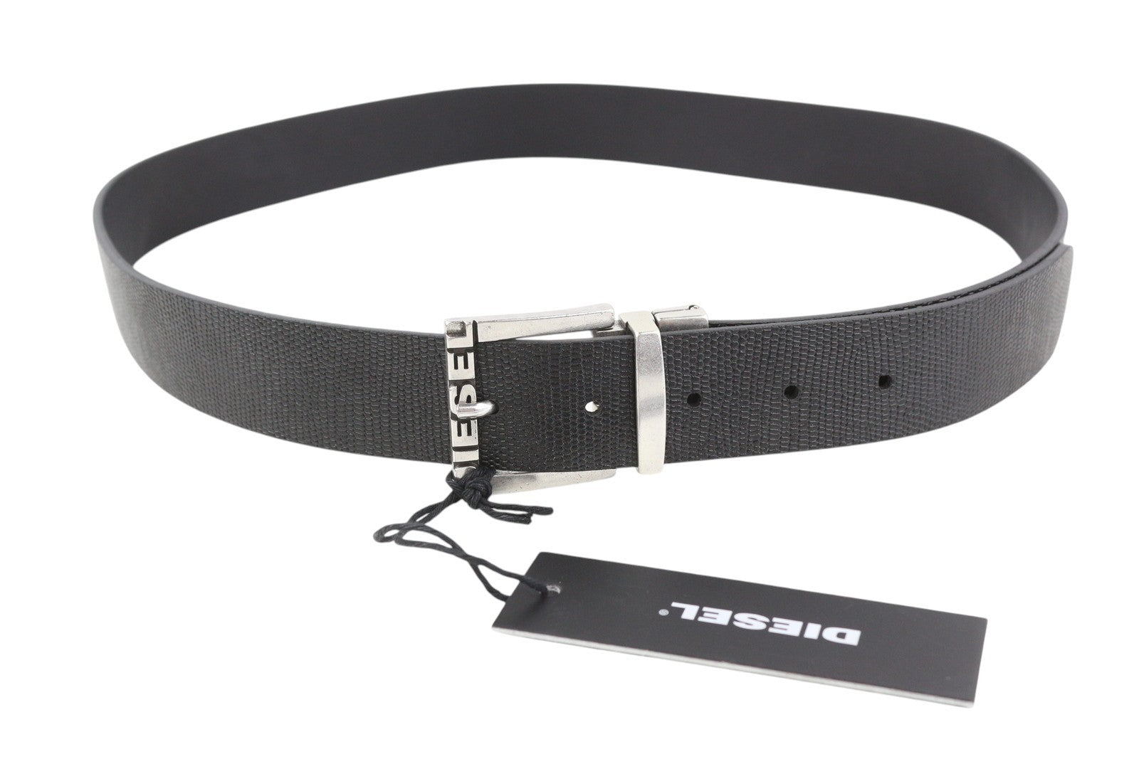 DIESEL B-Shift Men Belt 100 CM Black Textured Silver Tone Buckle Closure Logo
