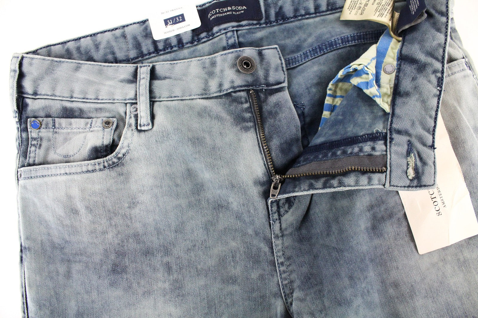 SCOTCH &amp; SODA Skim vyriški džinsai W31/L32 skalbtos mėlynos aptemptos medvilnės tamprios kelnės 