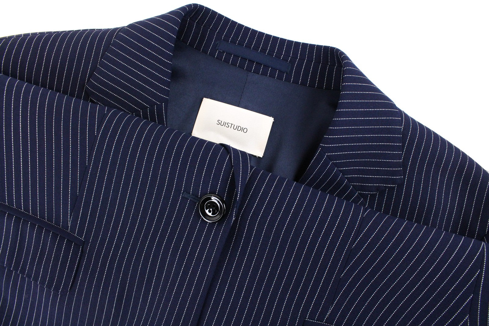 SUISTUDIO Cameron moteriškas švarkas UK14S mėlynai dryžuotas vilnonis vieneilis švarkas 