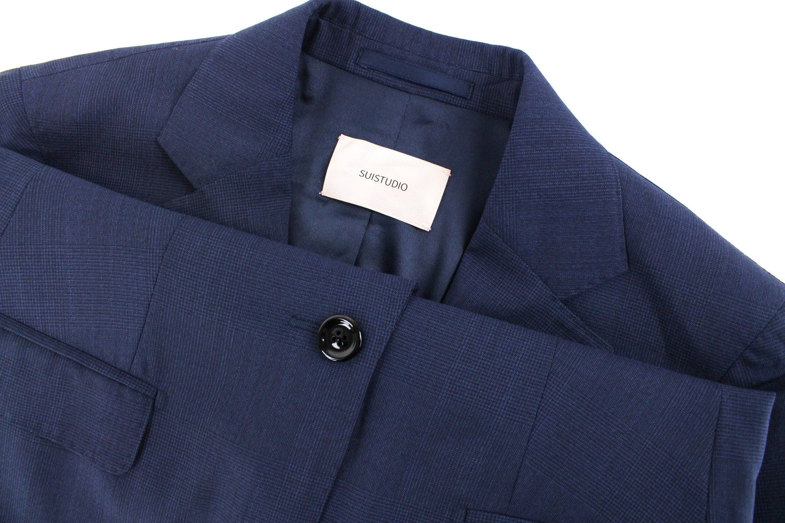 SUISTUDIO Cameron moteriškas švarkas UK10R tamsiai mėlynas languotas vilnonis vieneilis švarkas 