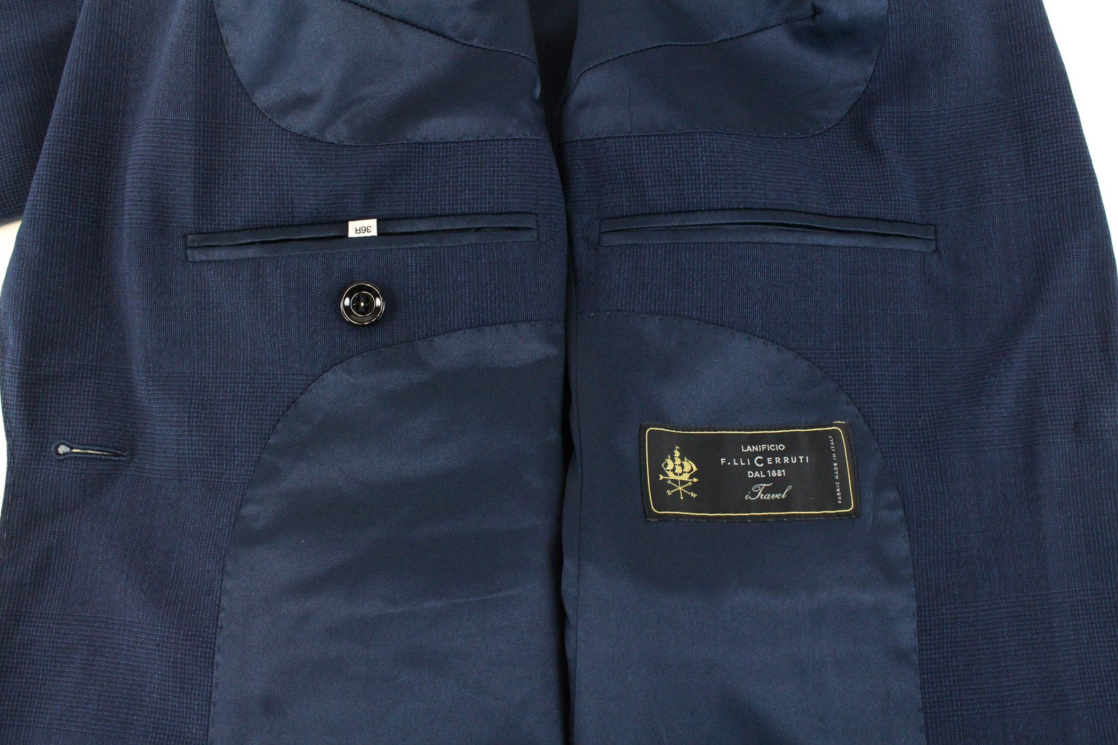 SUISTUDIO Cameron moteriškas švarkas UK10R tamsiai mėlynas languotas vilnonis vieneilis švarkas 