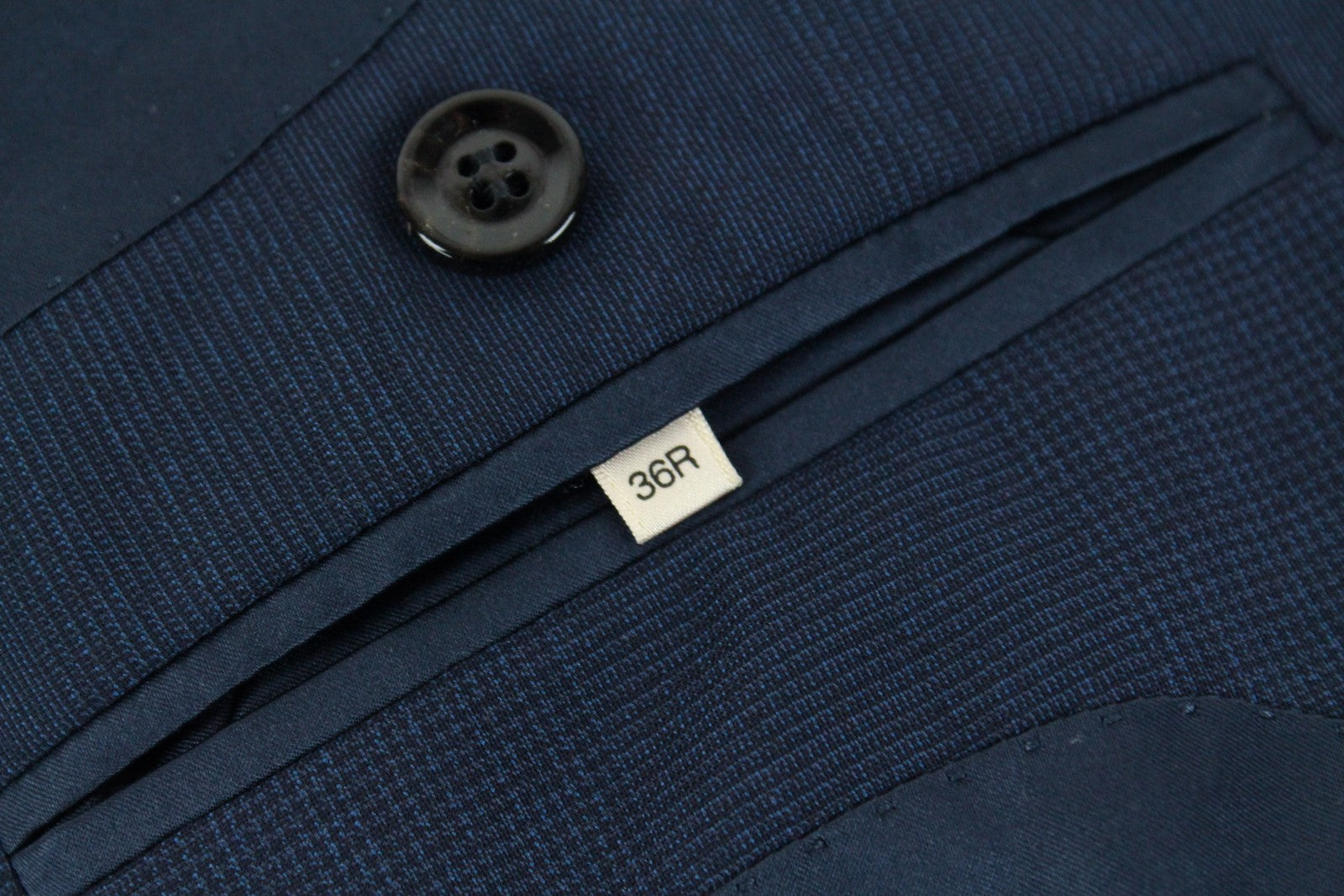 SUISTUDIO Cameron moteriškas švarkas UK10R tamsiai mėlynas languotas vilnonis vieneilis švarkas 