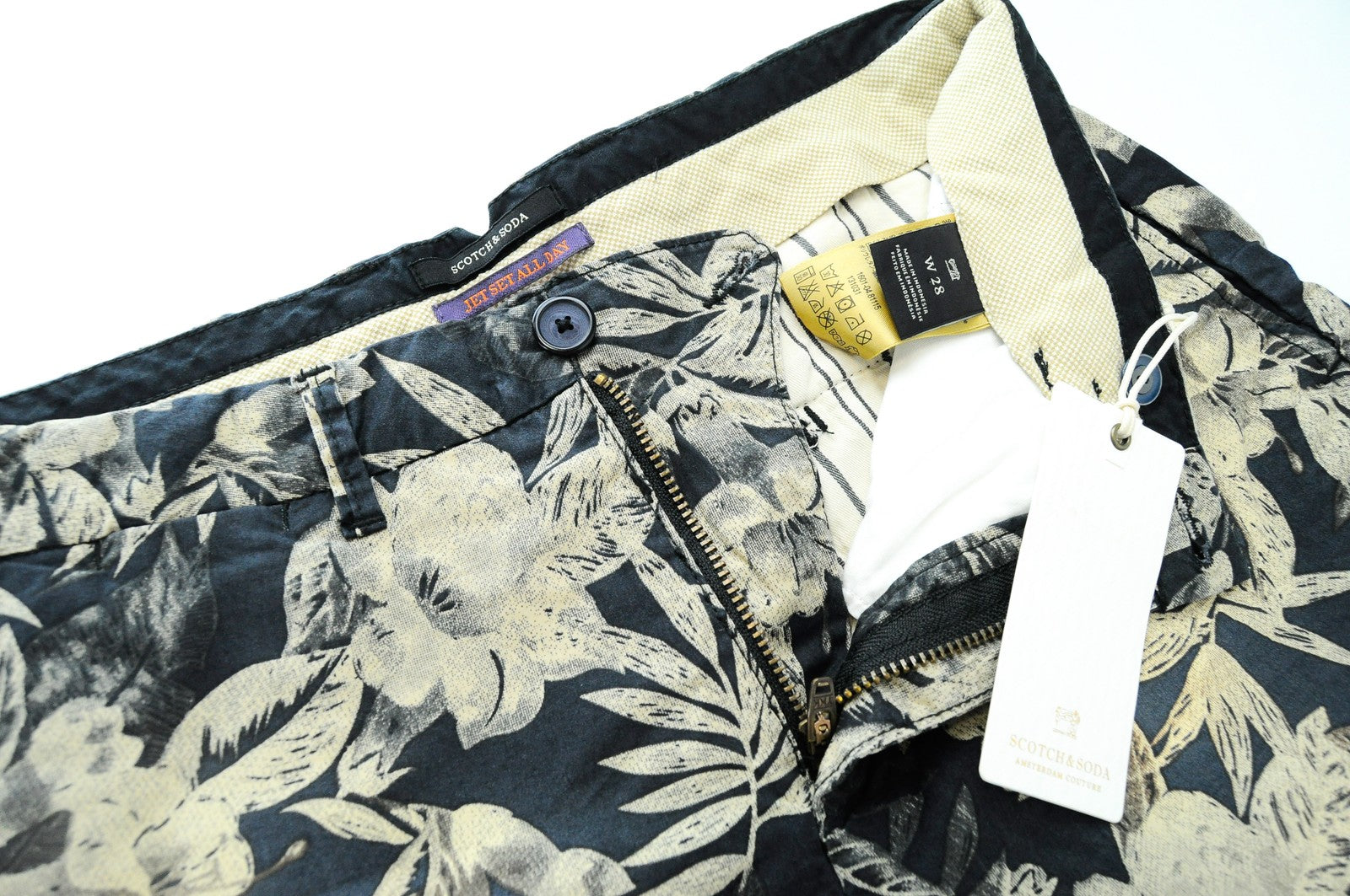 SCOTCH &amp; SODA Ams Couture šortai W28 vyriški tamsiai mėlyni, tamprūs, gėlių rašto medvilniniai šortai 