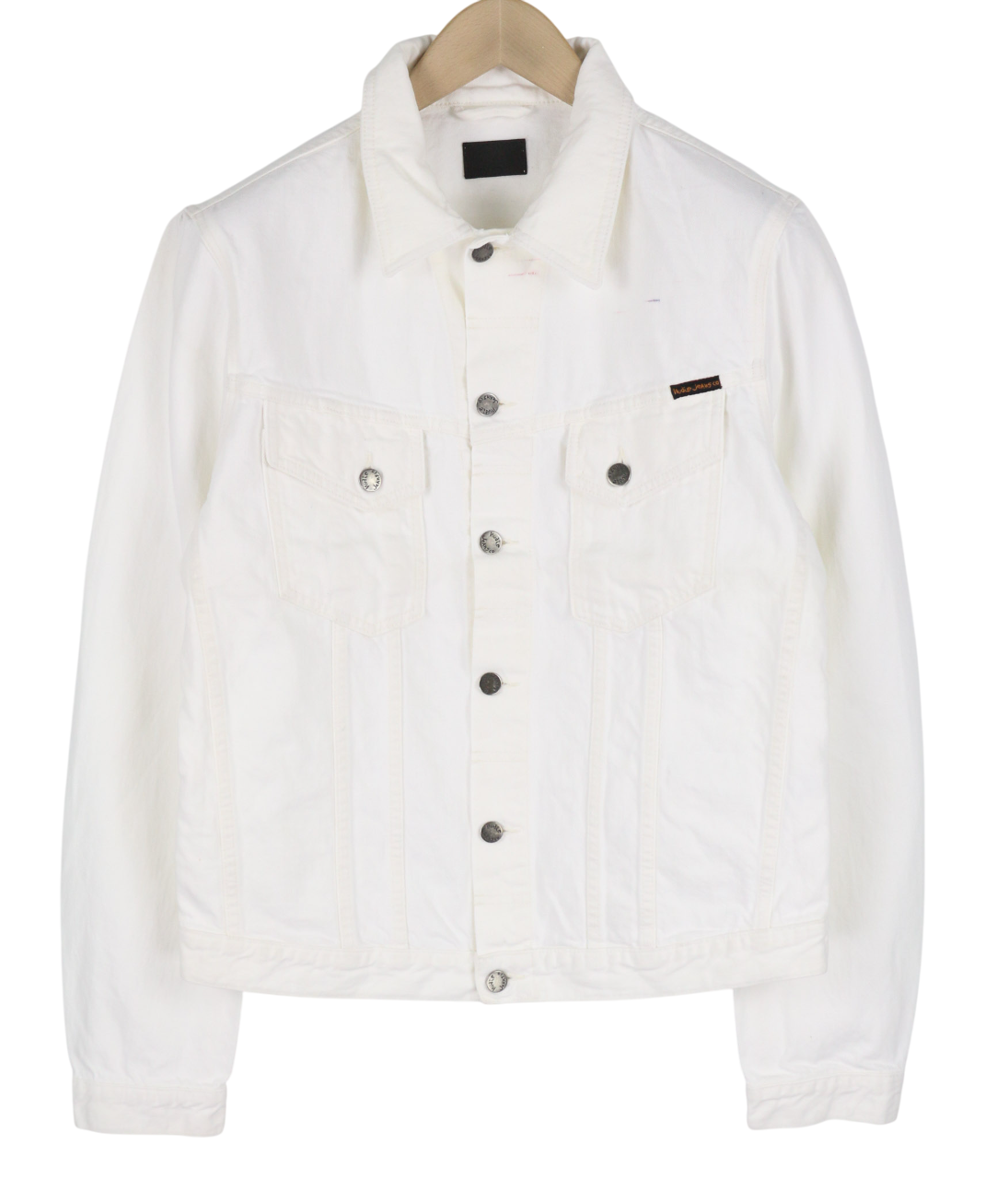 NUDIE Perry vyriška striukė L, ekologiška balta, su sagomis, kaklo kišenėmis, džinsinis audinys 