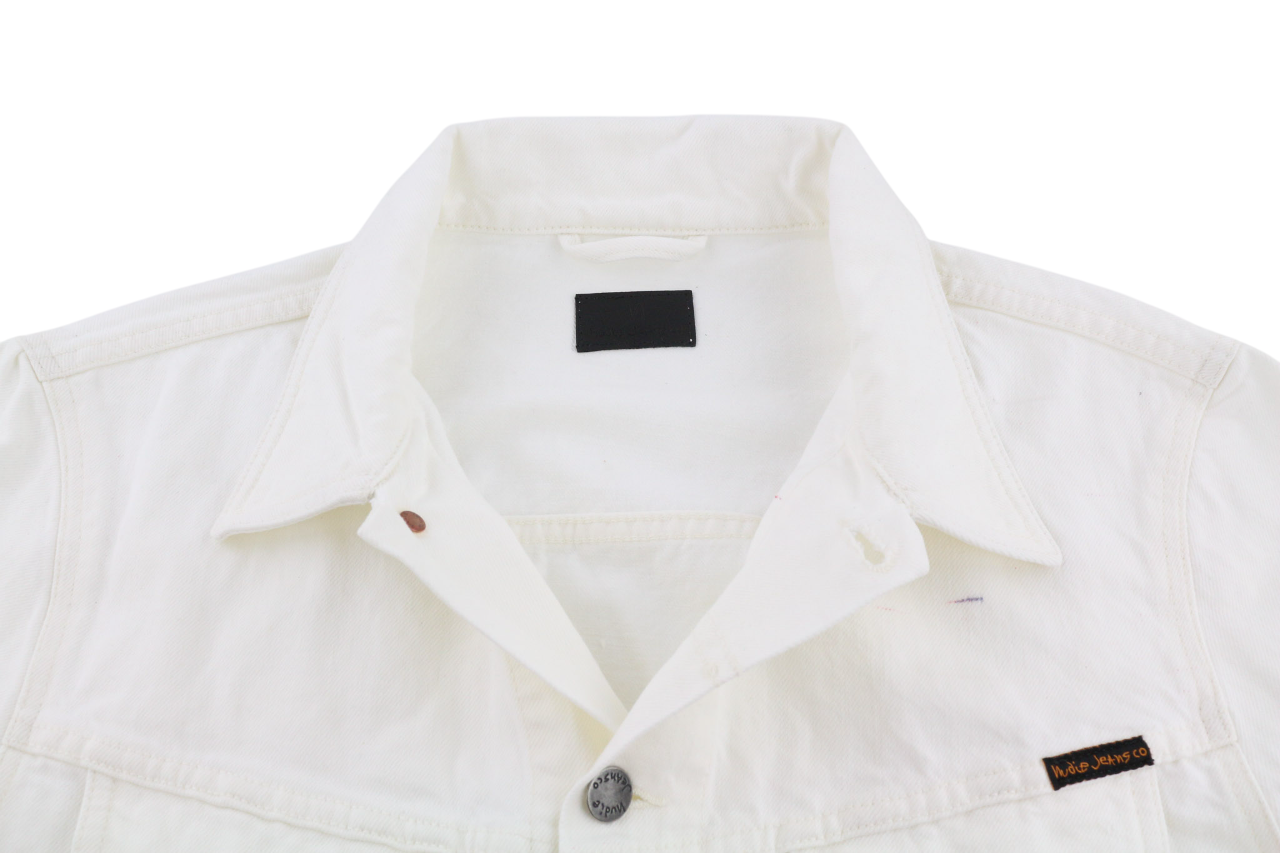 NUDIE Perry vyriška striukė L, ekologiška balta, su sagomis, kaklo kišenėmis, džinsinis audinys 