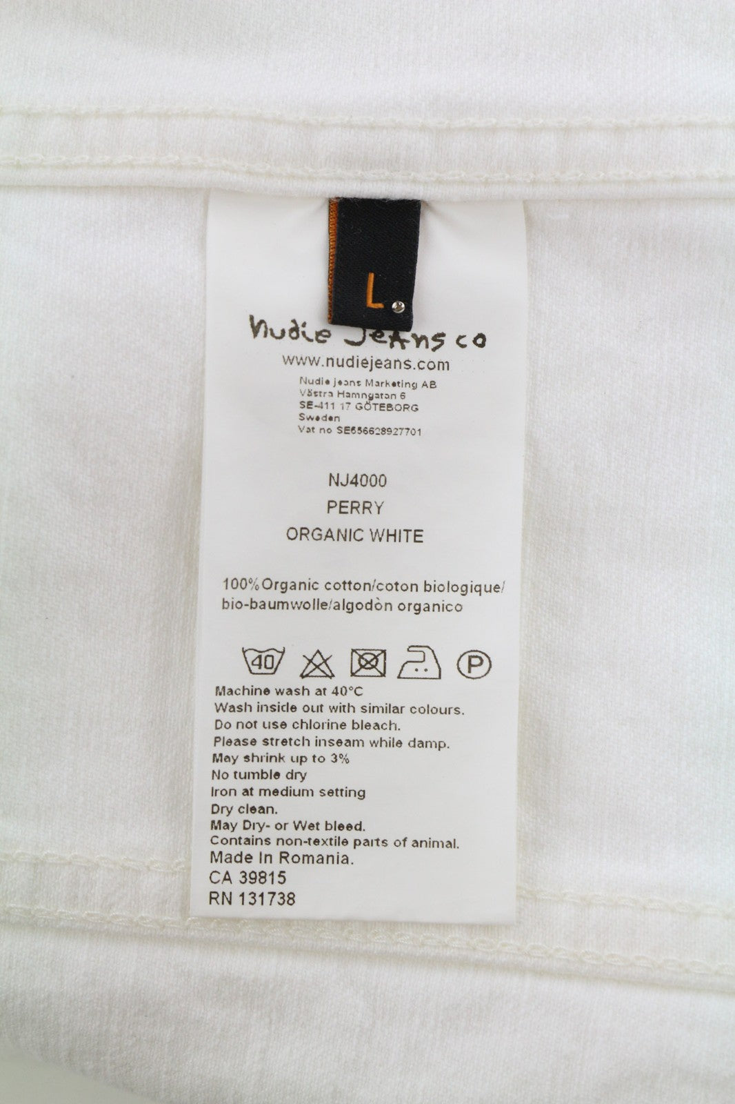 NUDIE Perry vyriška striukė L, ekologiška balta, su sagomis, kaklo kišenėmis, džinsinis audinys 