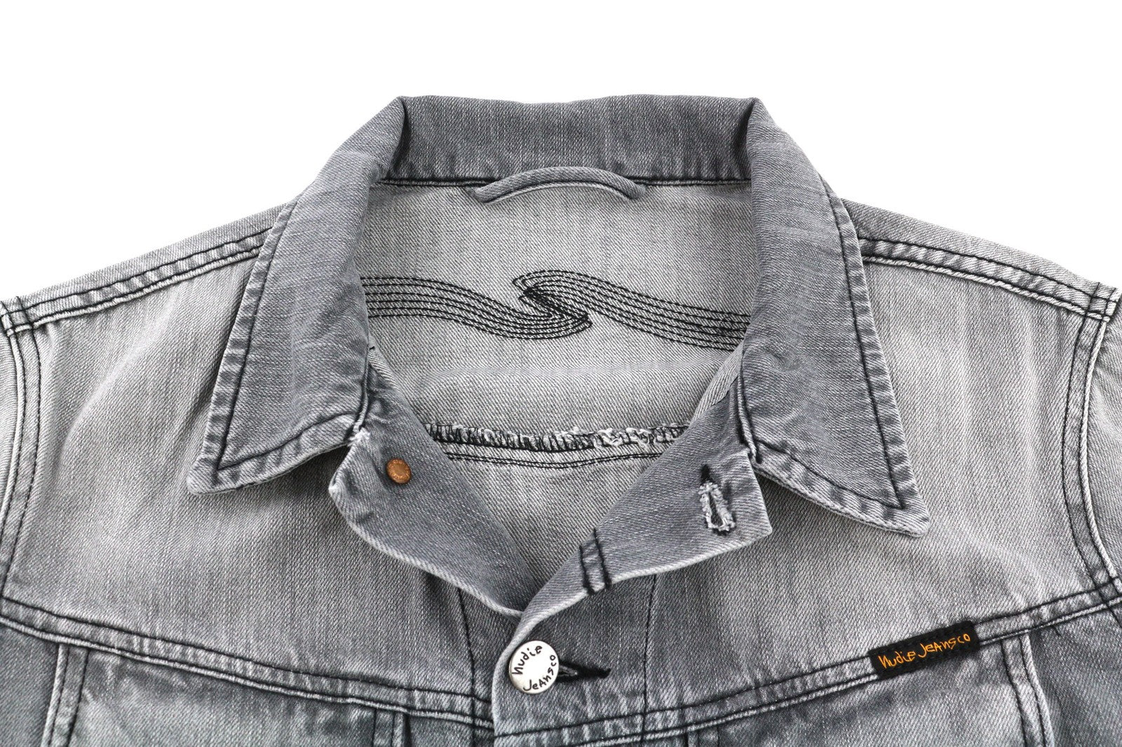 NUDIE Conny vyriška striukė M, balinta juoda, su sagomis, medvilninė, plautos pilkos spalvos 