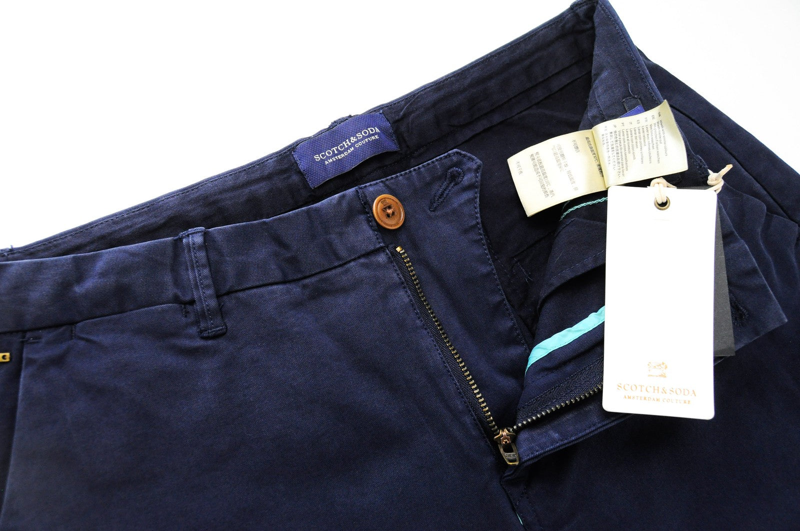 SCOTCH &amp; SODA Ams Couture šortai W28 vyriški tamsiai mėlyni dažytos medvilnės šortai su plyšiais ir kišenėmis 