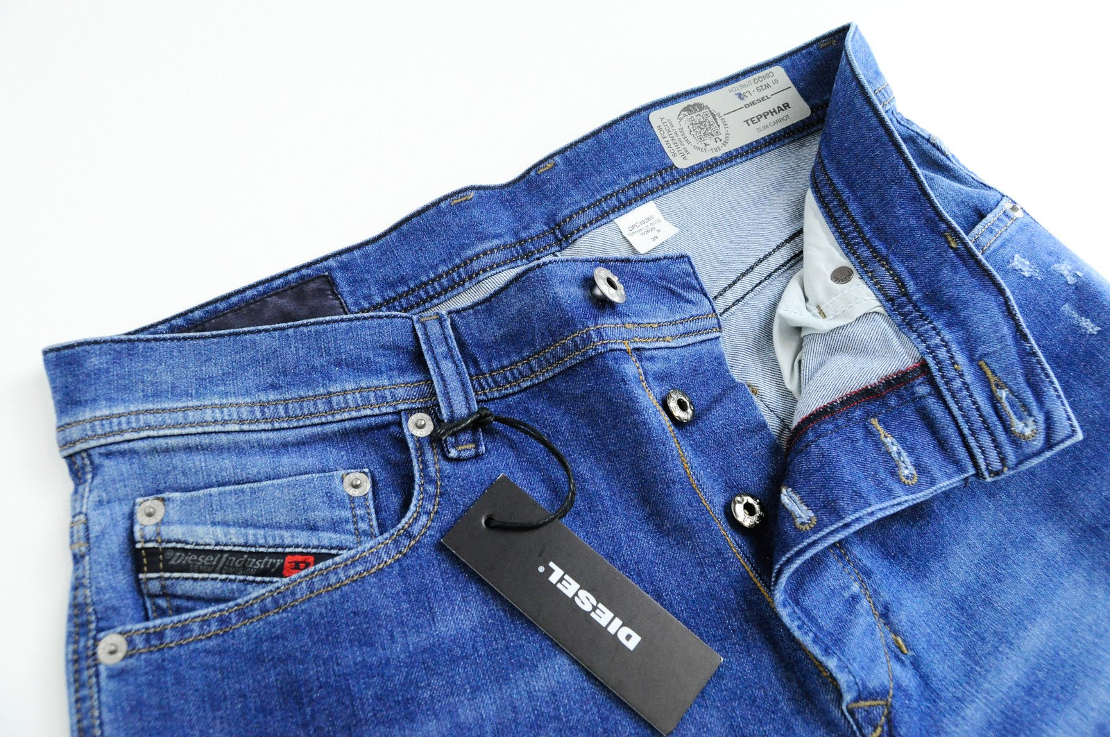 DIESEL Tepphar C84QQ vyriški džinsai W29/L30 Slim morkų mėlynos spalvos, tamprūs, medvilniniai 