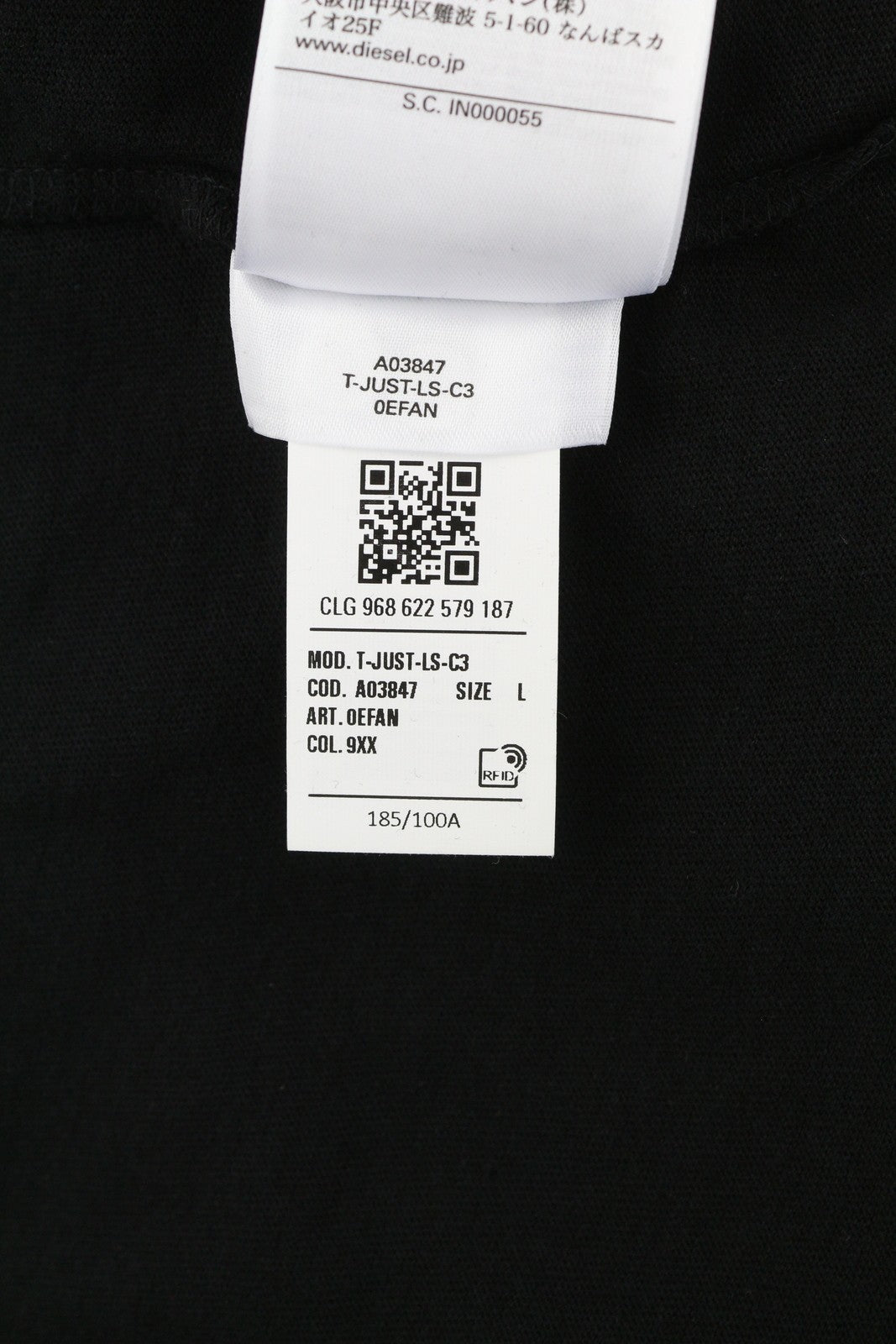 DIESEL T-Just-LS-C3 Mens T-Shirt L Black Cotton Crew Collar Long Sleeve RRP€70