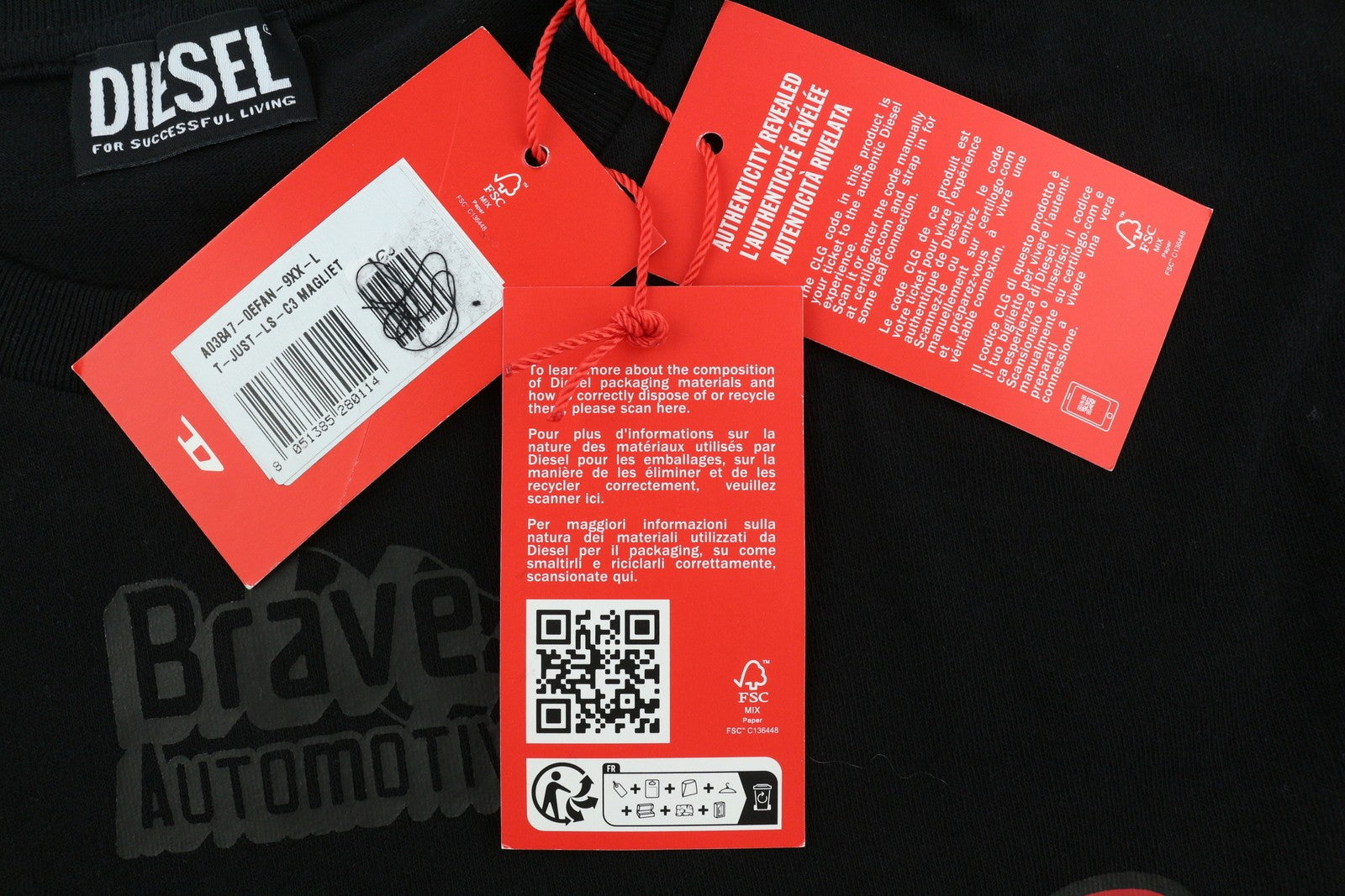 DIESEL T-Just-LS-C3 Mens T-Shirt L Black Cotton Crew Collar Long Sleeve RRP€70