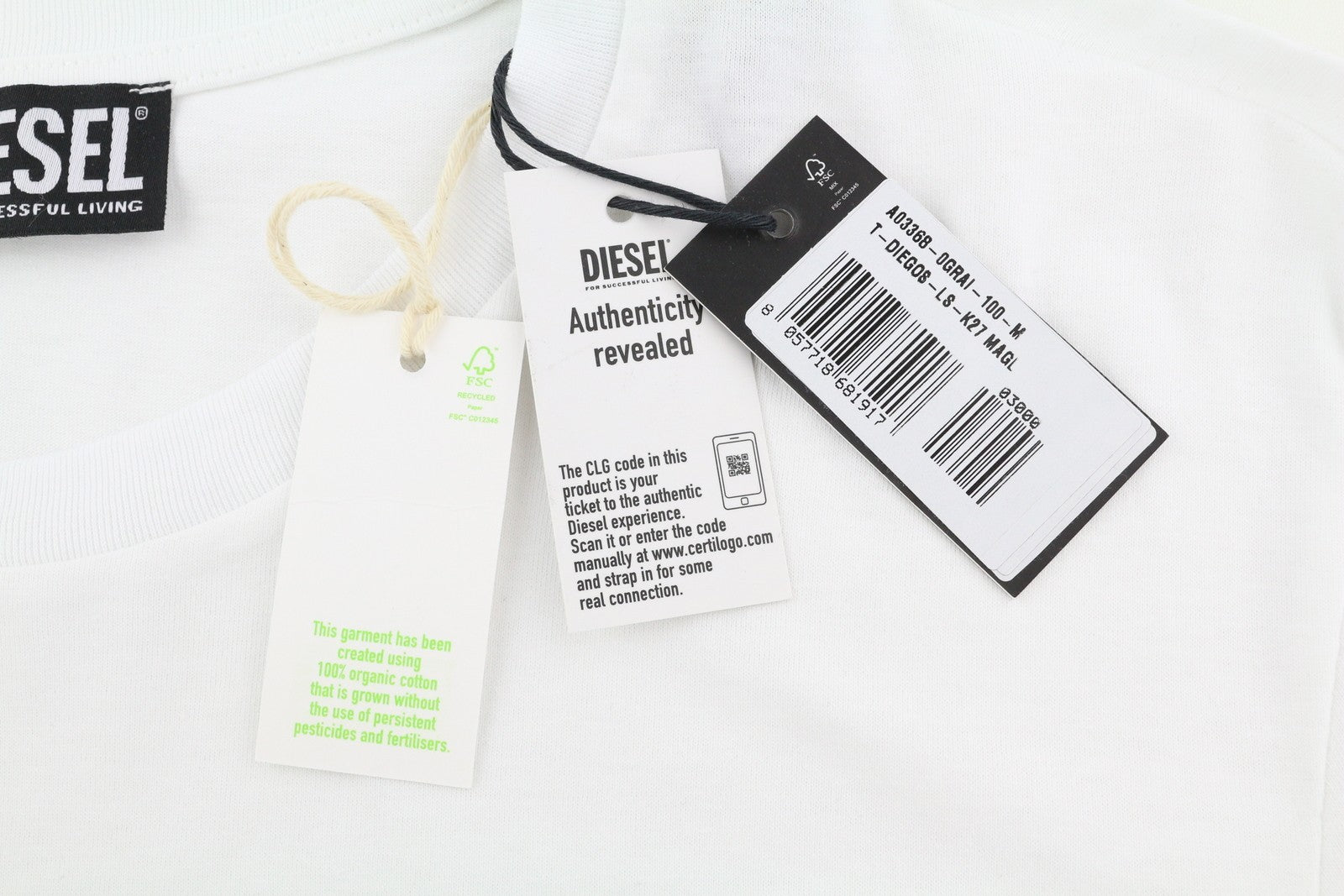 DIESEL T-Diegos-LS-K27 vyriški marškinėliai M balti medvilniniai ilgomis rankovėmis apvalia apykakle 