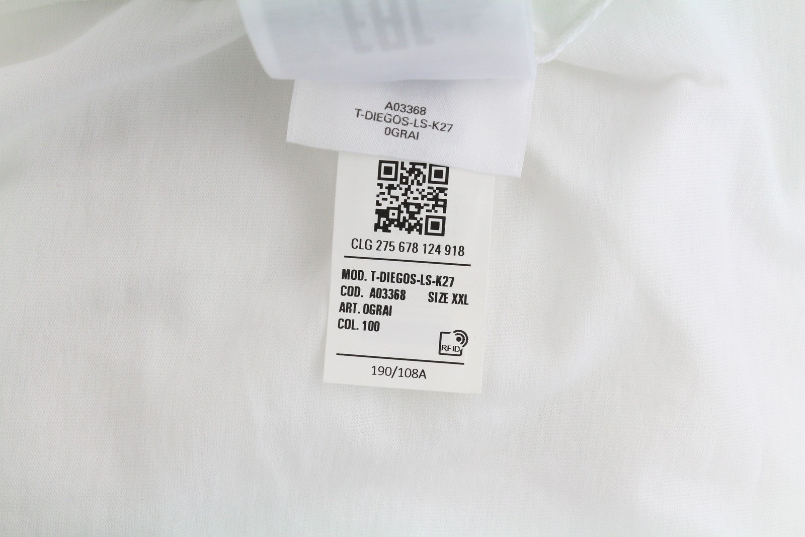 DIESEL T-Diegos-LS-K27 Men T-Shirt 2XL White Cotton Long Sleeved Crew Neck