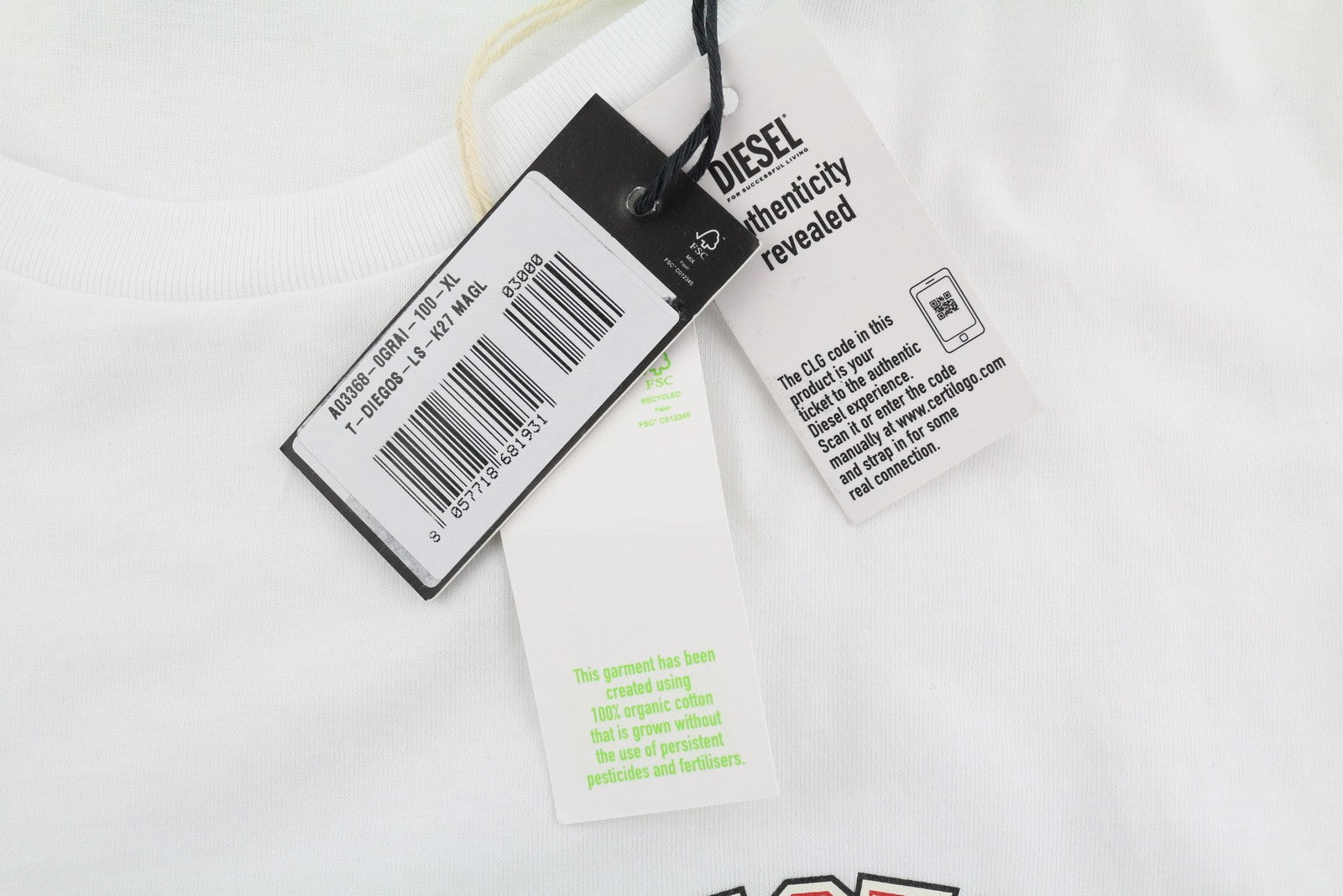 DIESEL T-Diegos-LS-K27 Mens T-Shirt XL White Cotton Long Sleeve Crew Neck