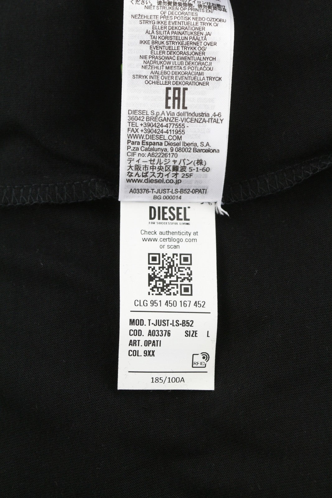 DIESEL T-Just-LS-B52 vyriški marškinėliai L dydžio, juodi, apvalia apykakle, ilgomis rankovėmis, trikotažiniai, RRP 90 € 