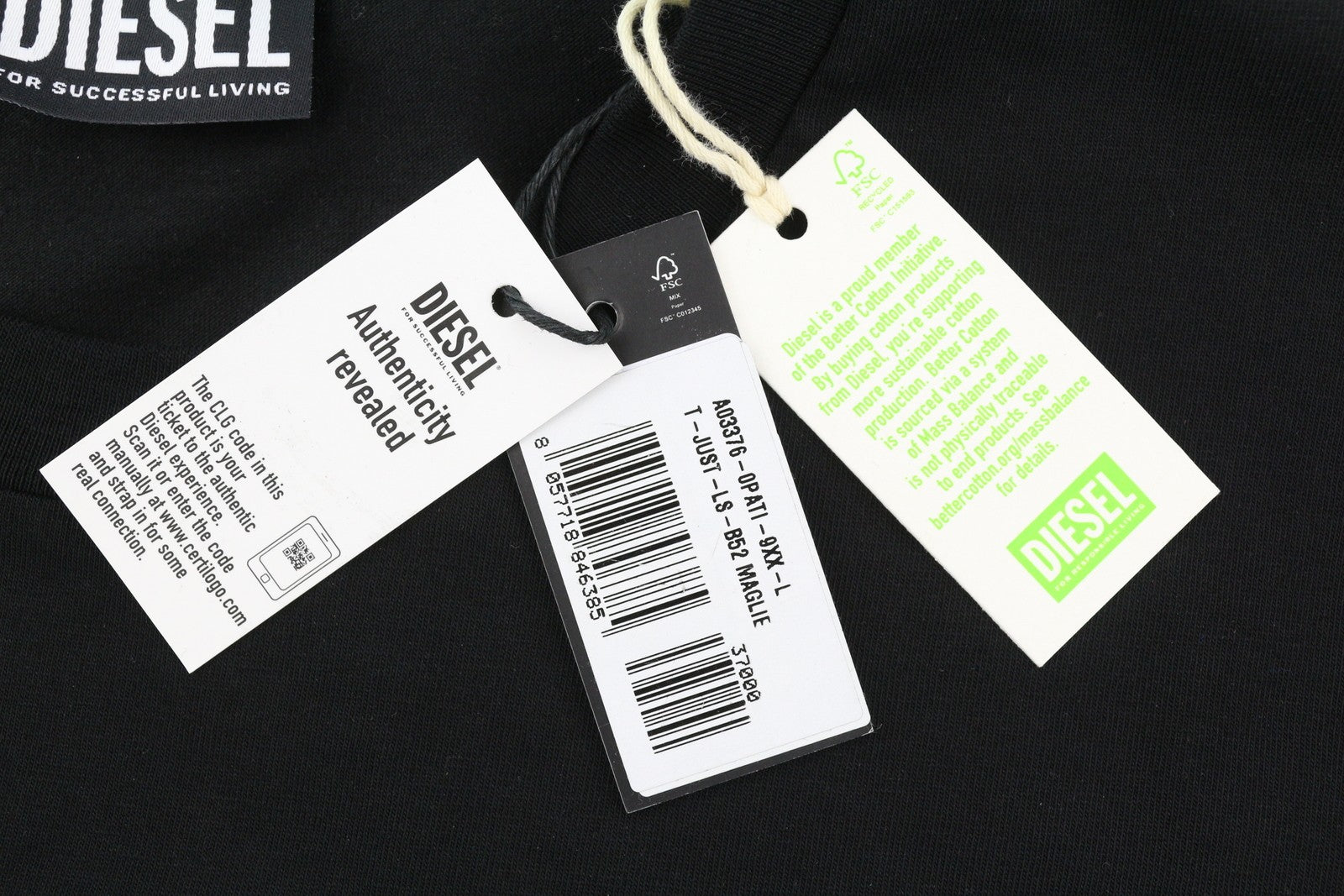 DIESEL T-Just-LS-B52 vyriški marškinėliai L dydžio, juodi, apvalia apykakle, ilgomis rankovėmis, trikotažiniai, RRP 90 € 