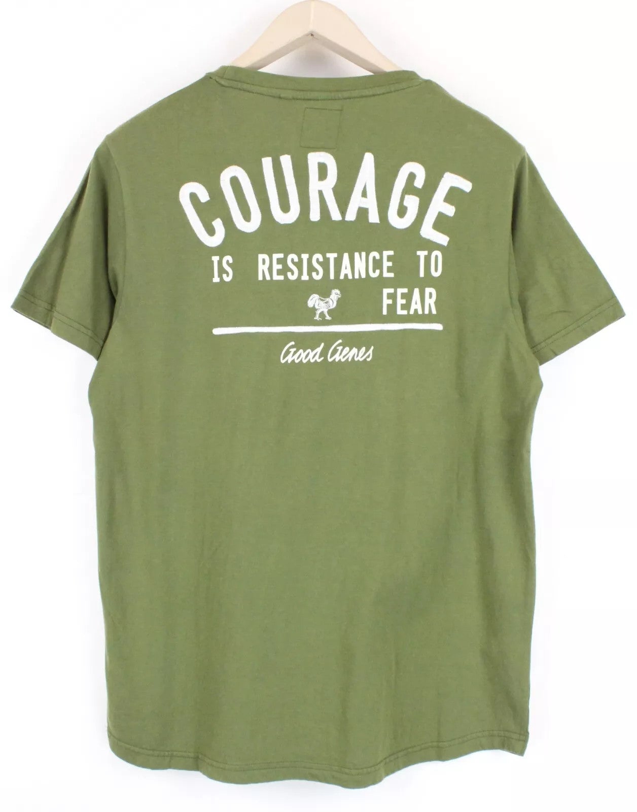 GOOD GENES vyriški marškinėliai M su džersio spaudiniu gaidžio logotipu, chaki spalvos, žali, apvali apykaklė 