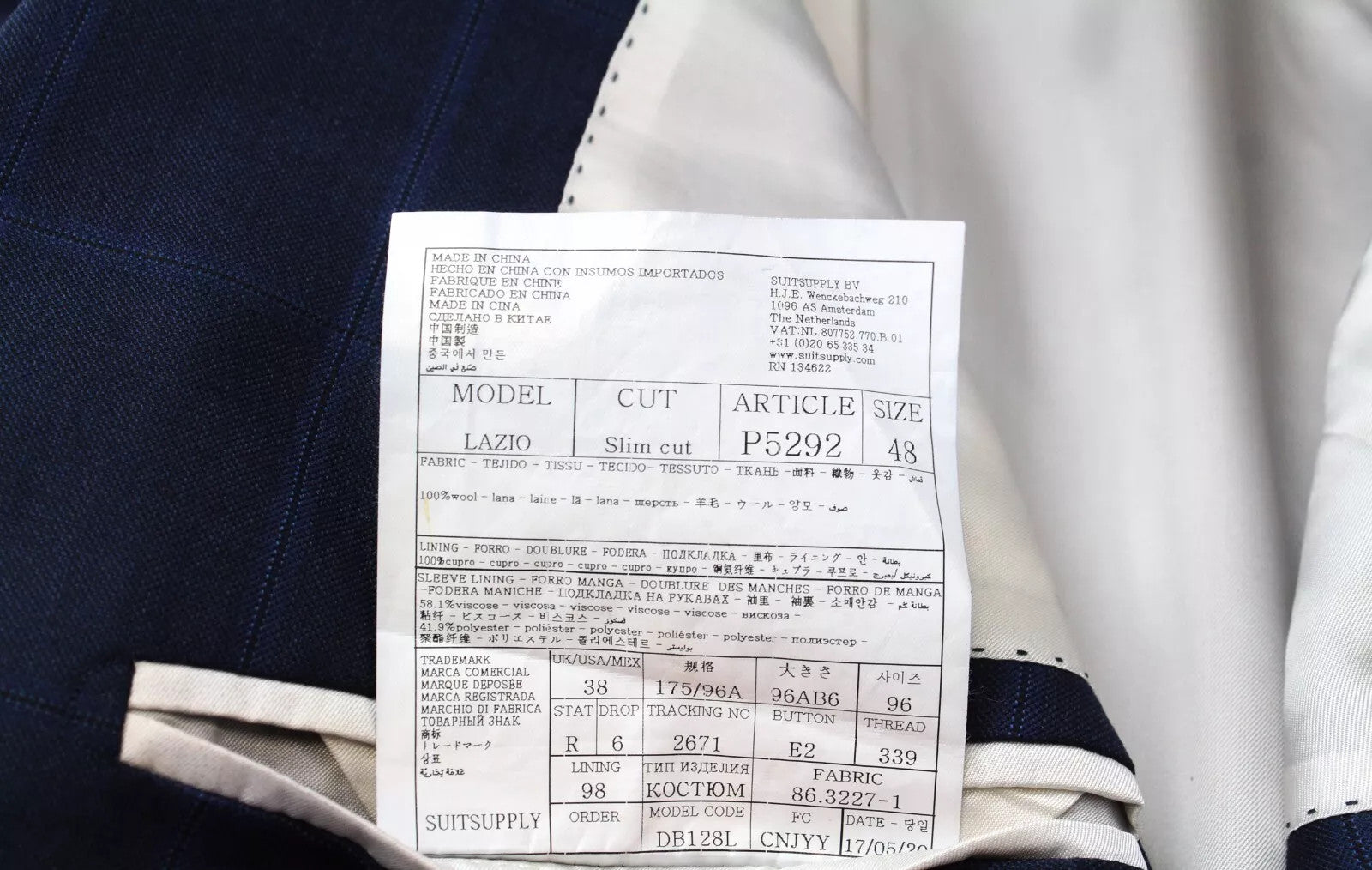 SUITSUPPLY Lazio Men`s Suit UK38R Slim Fit Blue Wool Checked 2-Piece Lined