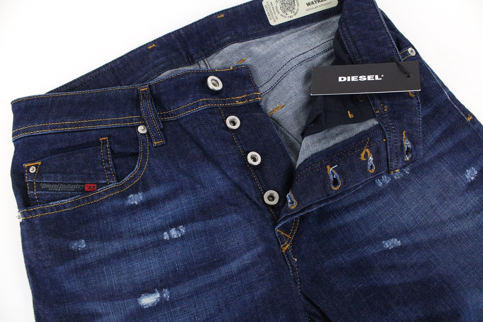 DIESEL Waykee R7NA8 vyriški džinsai W29 L30 tiesaus kirpimo, mėlyni, skalbtos medvilnės džinsai 