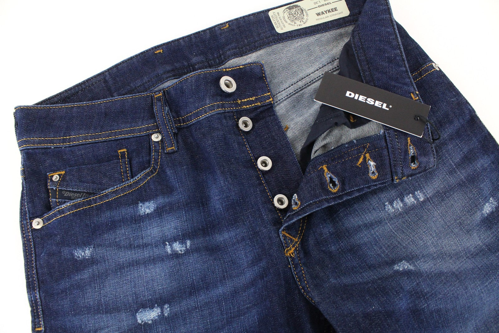 DIESEL Waykee R7NA8 vyriški džinsai W28 L30 tiesaus kirpimo, mėlyni, tamprūs medvilniniai džinsai 