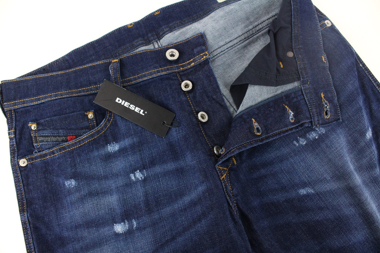 DIESEL Tepphar R7NA8 vyriški džinsai W32 L34 Slim morkų spalvos, skalbtos mėlynos spalvos, medvilninis kirpimas 