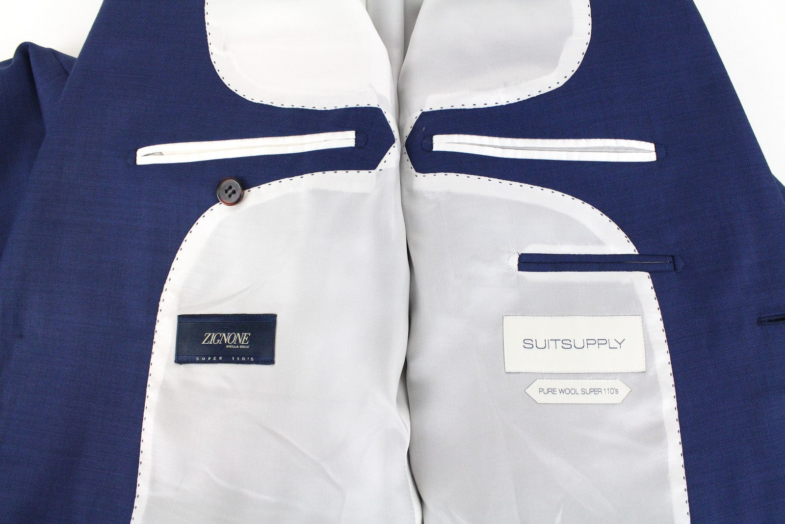 „SUITSUPPLY Napoli“ vyriškas švarkas, UK40L, mėlynas, „Super 110s“ su vilnoniu pamušalu. 