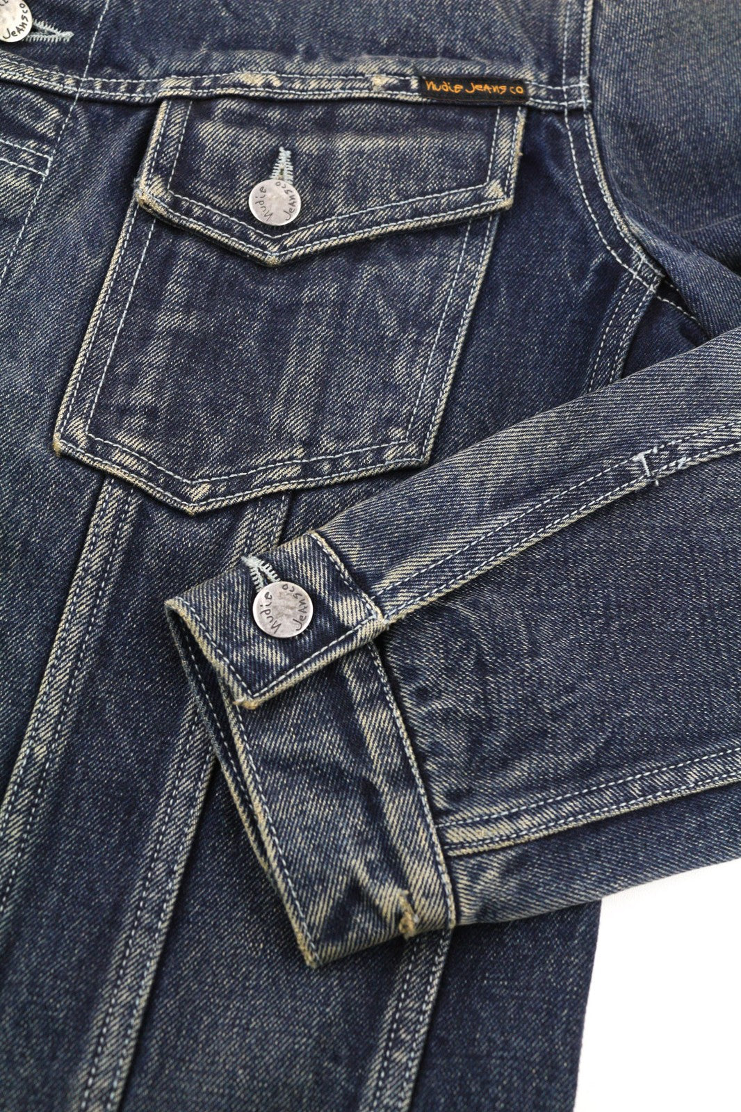 NUDIE JEANS vyriška striukė M Selvedge vienaeilė skalbta gryna medvilnė džinso mėlyna 