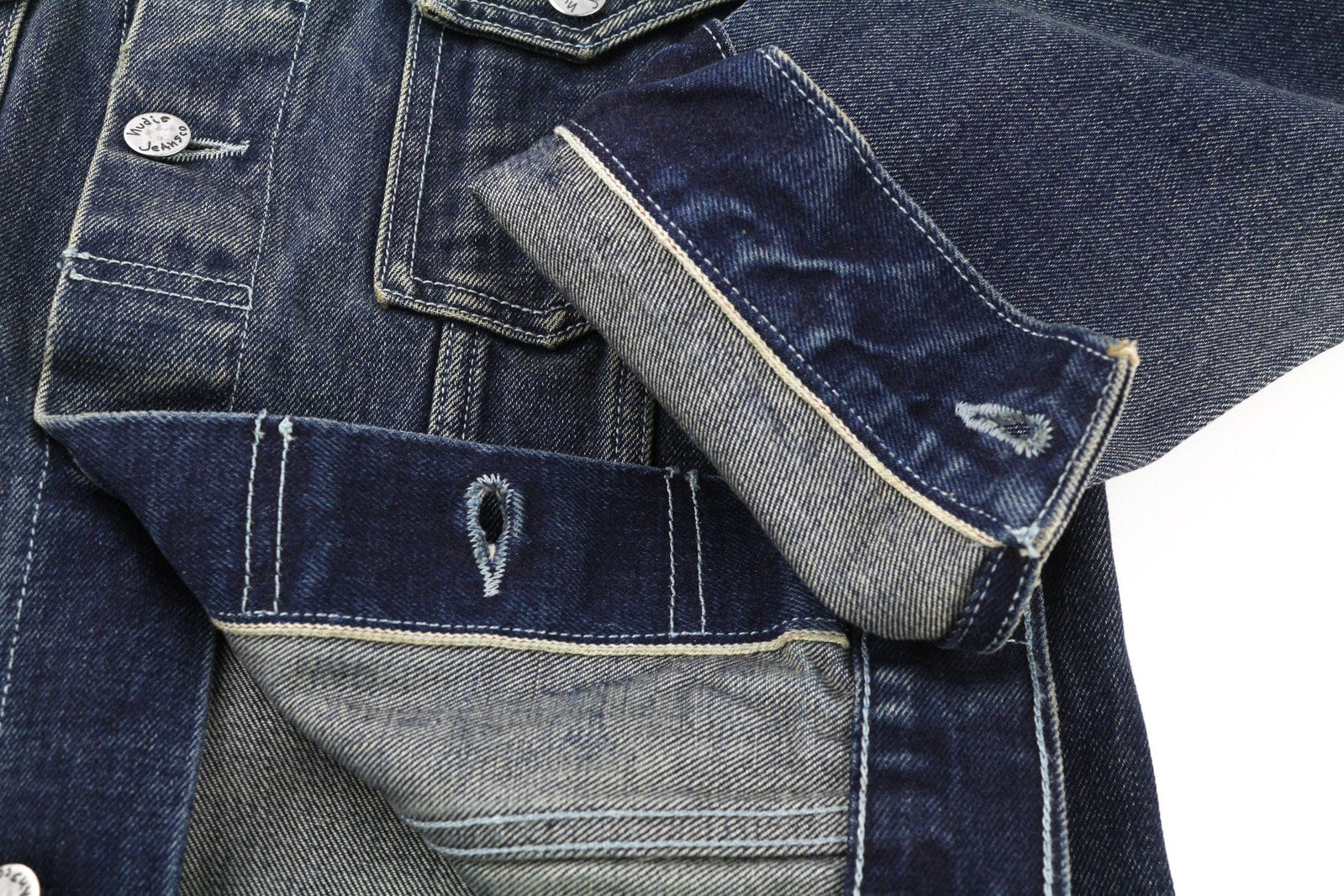 NUDIE JEANS vyriška striukė M Selvedge vienaeilė skalbta gryna medvilnė džinso mėlyna 