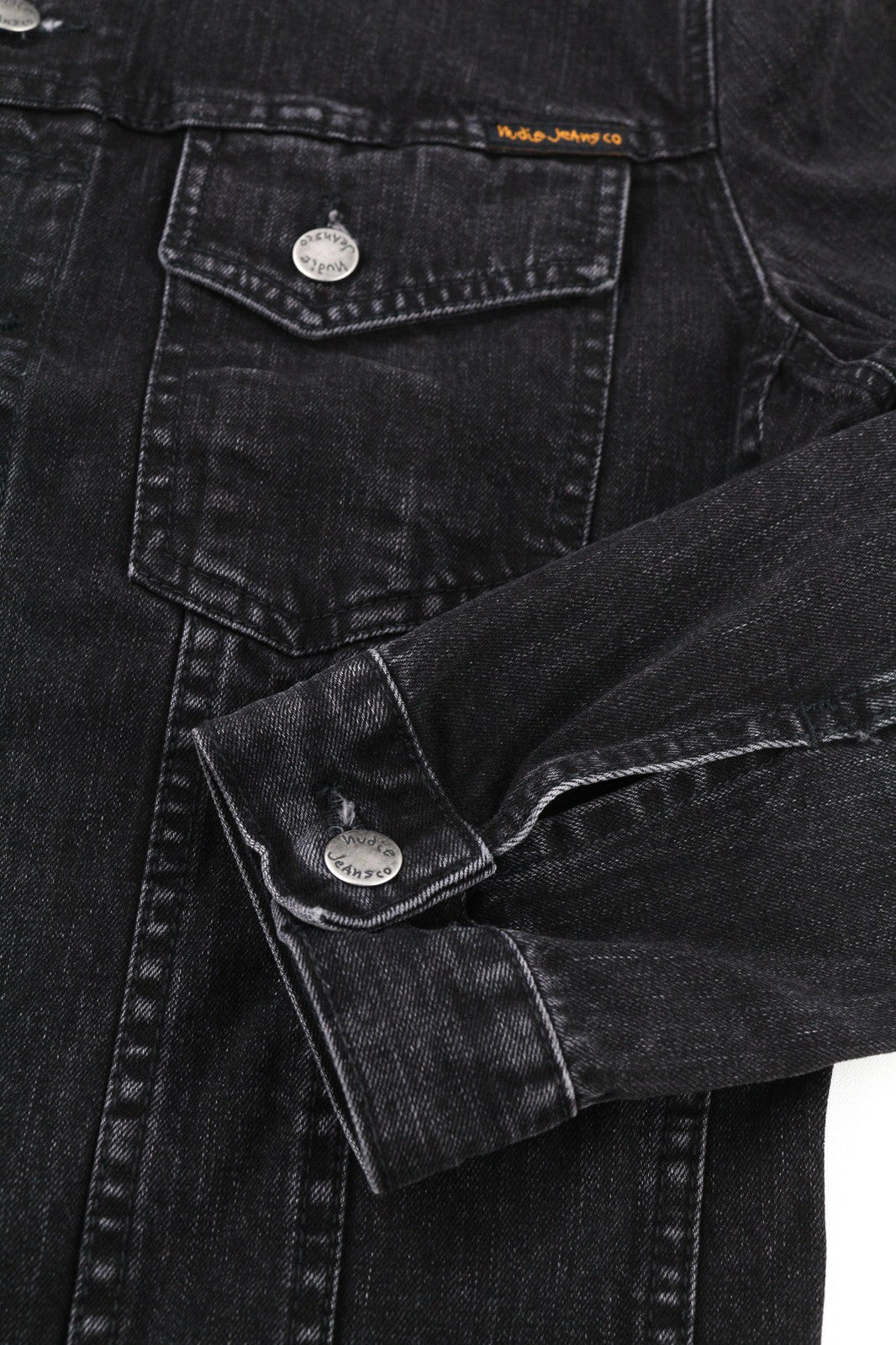 NUDIE JEANS Perry Organic Black Stone vyriška striukė M, džinsinė, juoda, išblukusi medvilnė 