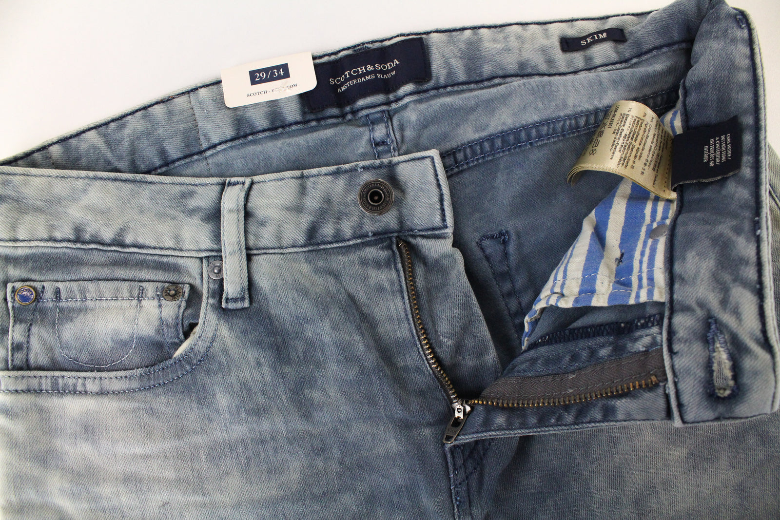 SCOTCH &amp; SODA vyriški džinsai W29/L34 aptempti šviesiai mėlyni skalbtos medvilnės tamprūs džinsai 
