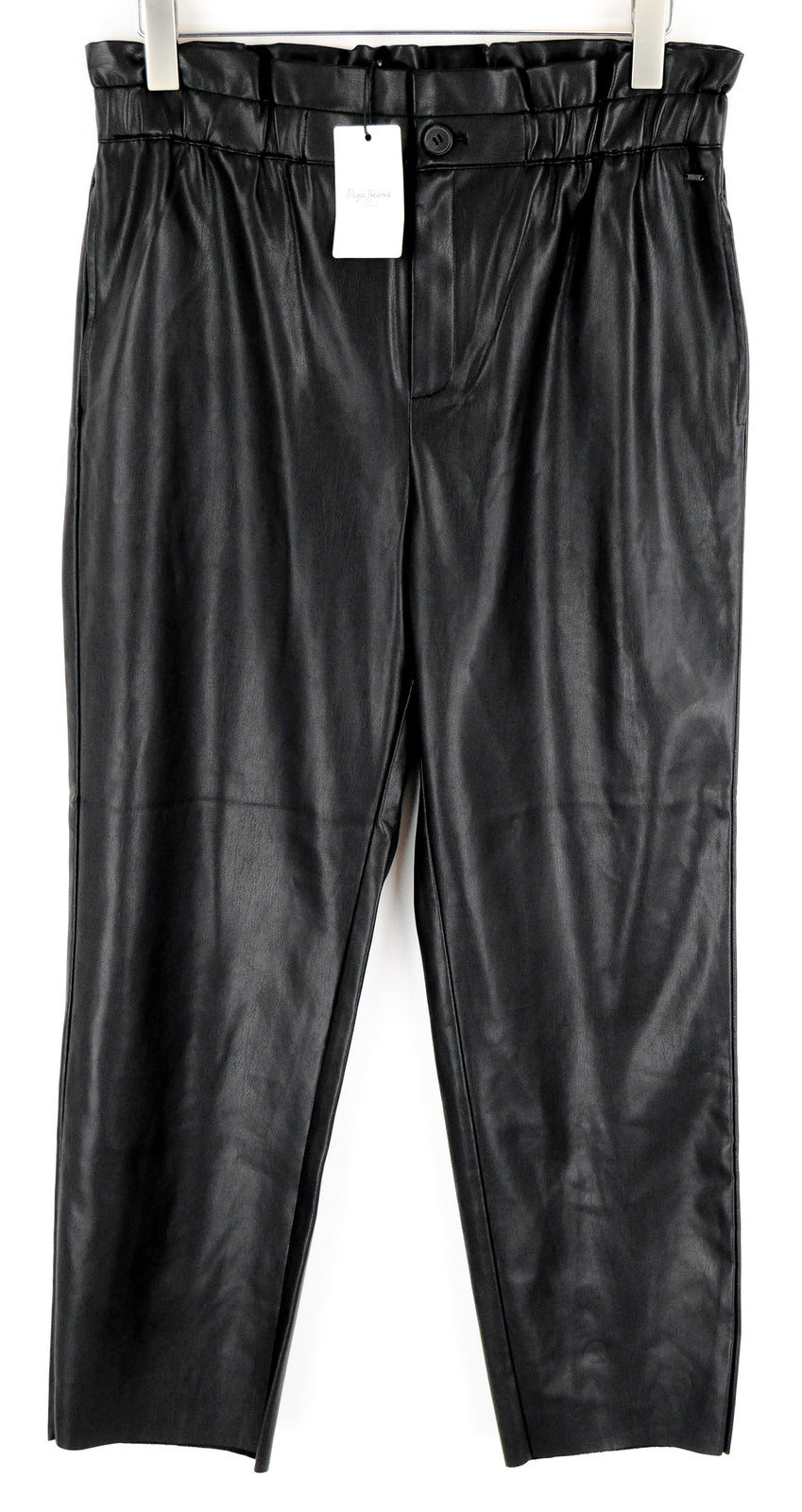 PEPE JEANS Women Trousers XL Black Faux Leather Straight Fit Waistband Style