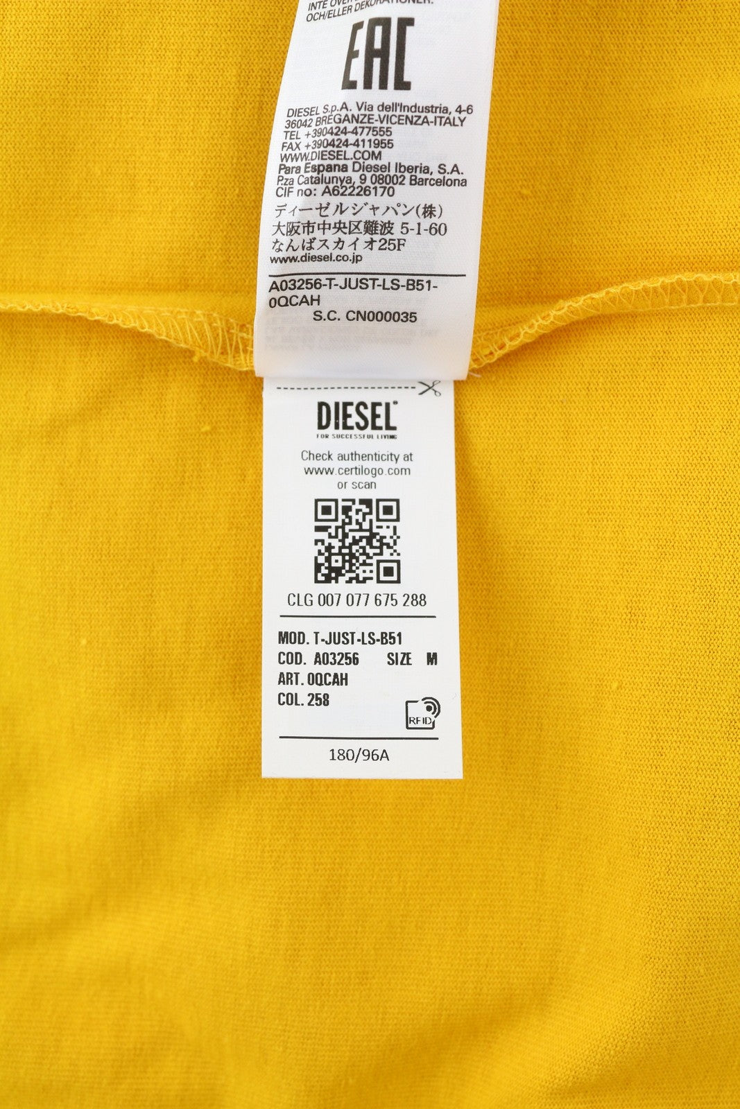 DIESEL T-Just-LS-B51 Men T-Shirt M Yellow Long Sleeve Crew Neck Tricot
