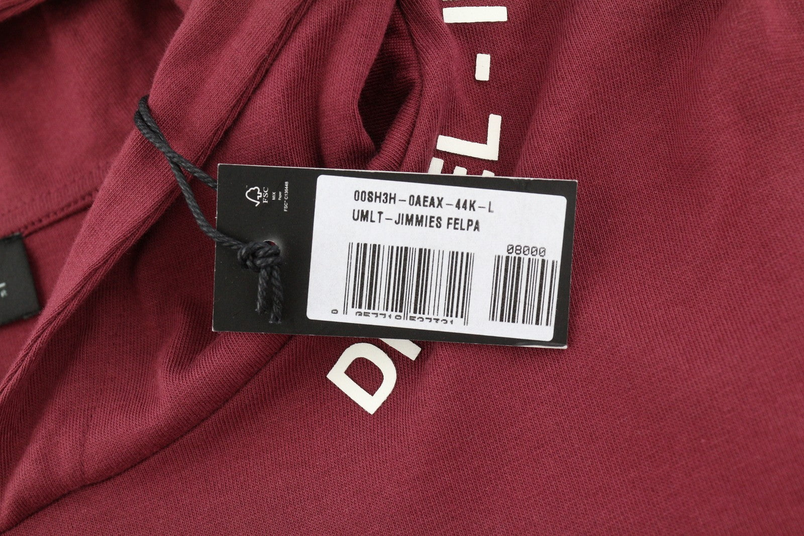 DIESEL Umlt-Jimmies vyriški marškinėliai L dydžio su gobtuvu ilgomis rankovėmis, bordo spalvos, trikotažiniai 