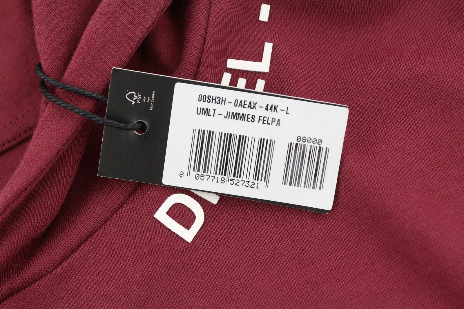 DIESEL Umlt-Jimmies vyriški marškinėliai su gobtuvu ilgomis rankovėmis, bordo spalvos, su logotipu, L dydžio 