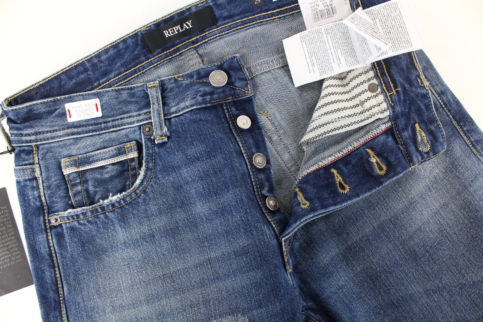 REPLAY Grover vyriški džinsai, W29/L32, tiesaus kirpimo, 5 kišenių, mėlyni, grynos medvilnės, skalbti 